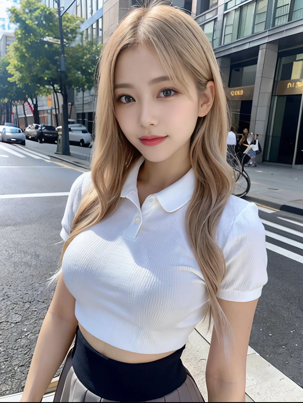 (RAW Photos,Realistic, Photorealistic: 1.4, masterpiece, highest quality), 98k, 1 美しいDay本人女性, alone, 20-year-old, Small face,Cute Smile, Larger breasts, Beautifully detailed round eyes, Droopy Eyes 1.4, Long platinum blonde hair, Wavy Hair, (Highly detailed face and skin texture), White skin,Polo shirt, Micro Mini Skirt, street, Day, sunny Day, close, (View Viewer:1.4)