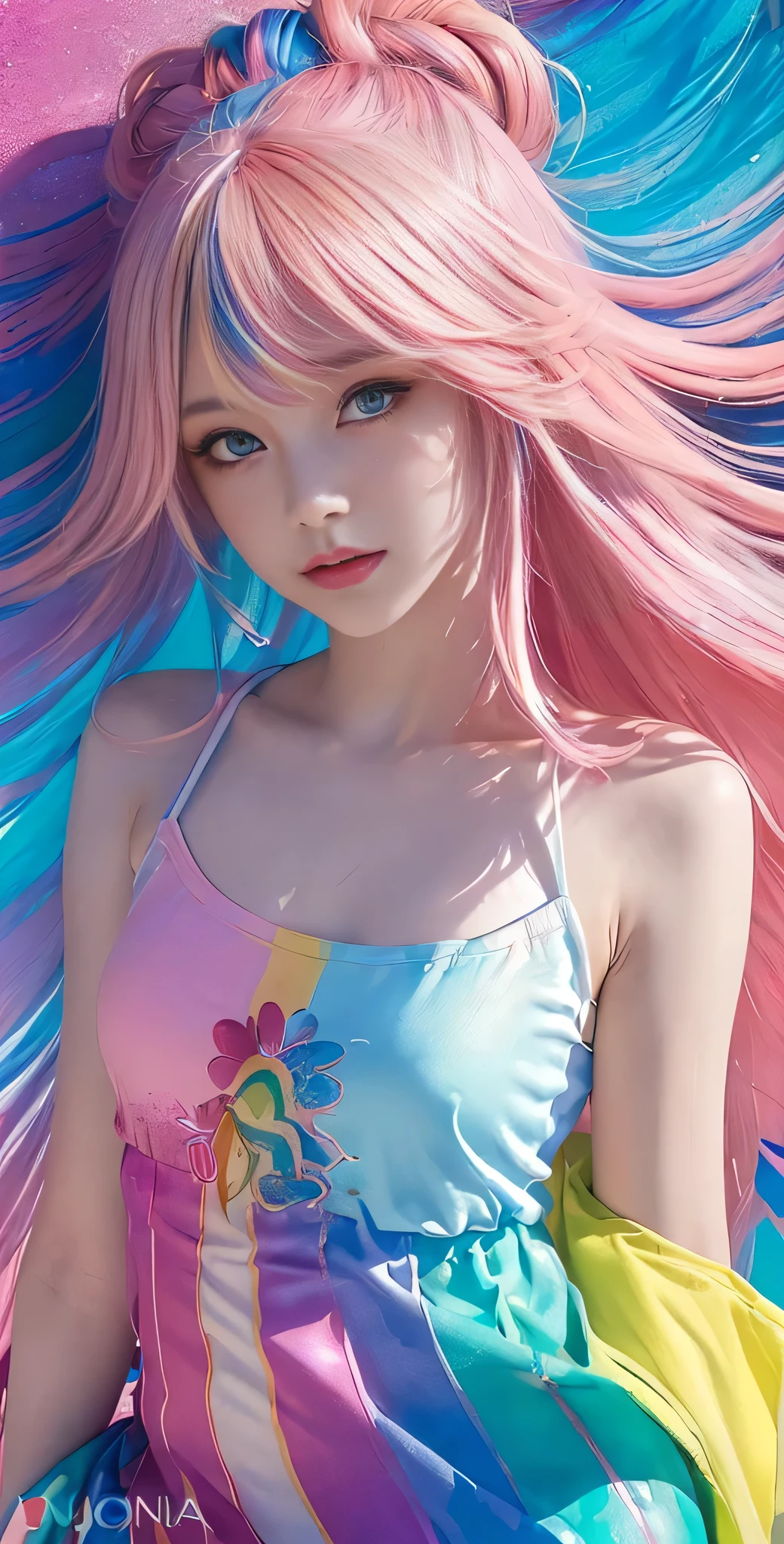 (Pink fashion T-shirt:1.9),(colored hair:1.9),(All colors of the rainbow:1.9),(((vertical painting:1.6)),(:1.6),front,comics,illustration,,big eyes,crystal clear eyes,(Rainbow colored semi-long hair:1.7),exquisite cosmetics,Shut your mouth,(Small fresh:1.5),(Wipe your chest:1.6),long eyelashes, White shoulder。,White shoulder sleeve shirt,looking at the audience,blue eyes,(rainbow colour hair:1.6),color splotches,(solo:1.8),color splotches,color splotches,color explosion,Thick lacquer style,Messy lines,((Shiny),(color),(color),(color),(color),color,Thick lacquer style,(color splotches),(color)splash,vertical,Upper body,Paintworksplash,acrylic paint,gradient,Paintwork,Highest image quality,highest quality,masterpiece,solo,depth of field,Topcoat,Colorful clothes,(grace:1.2),gorgeous,lwind, (Elegant: 1.3), (Petals: 1.4)，(((masterpiece))),(((best quality))),((ultra-detailed)),(illustration),(dynamic angle),((floating)),(paint),((disheveled hair)),(solo),(1girl) , (((detailed anima face))),((beautiful detailed face)),collar,bare shoulders,blue hair, ((colorful hair)),((streaked hair)),beautiful detailed eyes,(Gradient color eyes),(((colorful eyes))),(((colorful background))),(((high saturation))),(((surrounded by colorful splashes))),(((colorful background))),(((high saturation))),(((surrounded by colorful splashes))),(((colorful background))),(((high saturation))),(((surrounded by colorful splashes))),