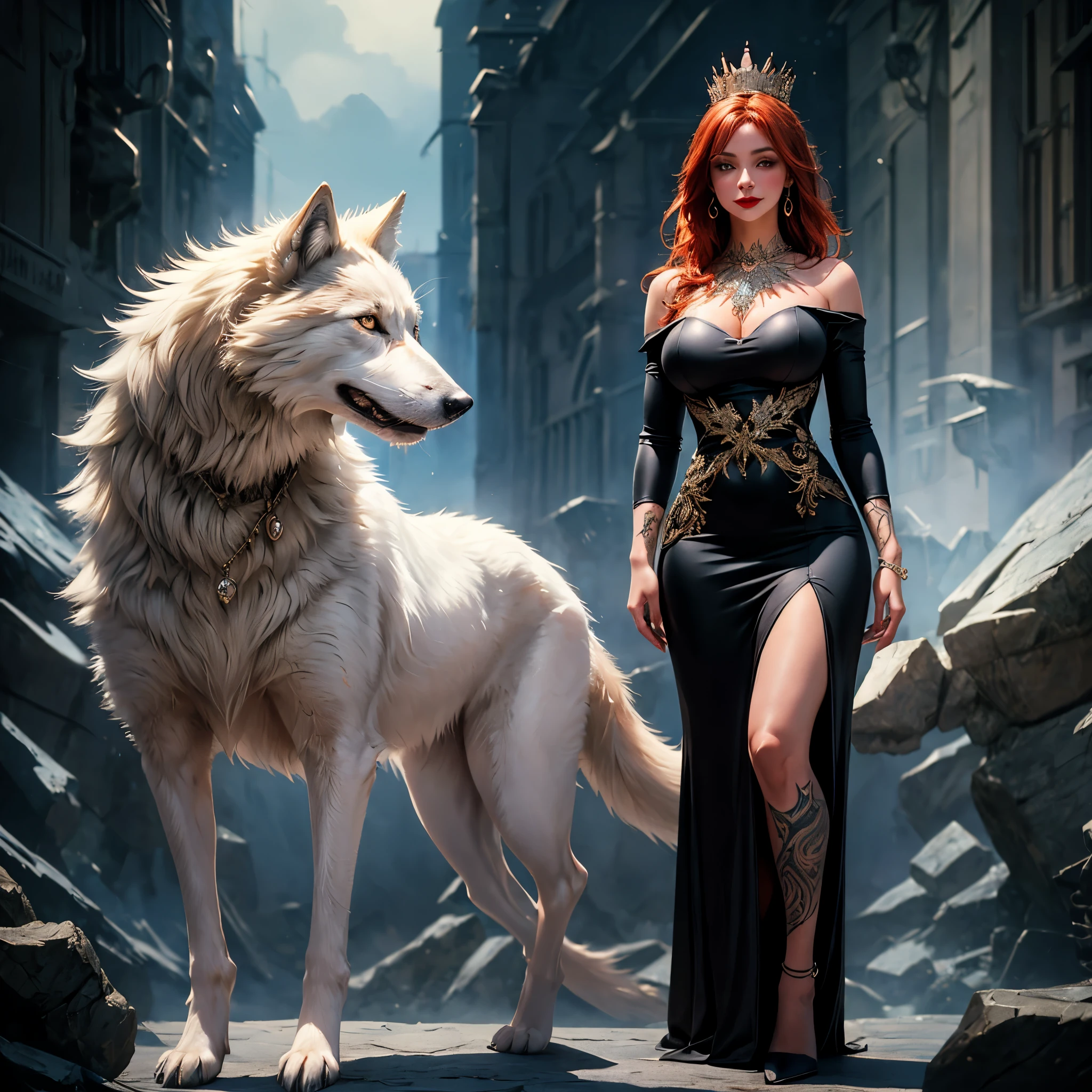 girl posing, intricate black dress, oranments, jewelry, tattoos, large breasts, red lips, pouty smile, crown, standing next to a white wolf, realistic, beautiful, masterpiece, dark scenery, moody, clear skin, bright blue eyes, full body, red hair