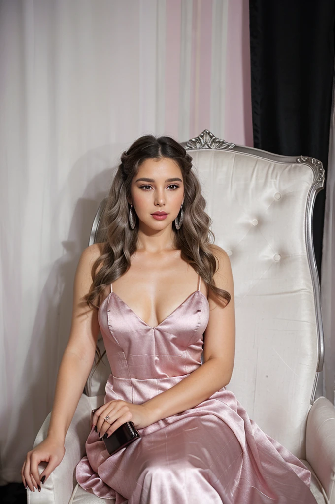 a woman in white neck length gown with long dangling silver earrings, with curly hairs, lavender pink lipstick soft pink eyeshadow and black nail polish and silver clutch sitting on a chair