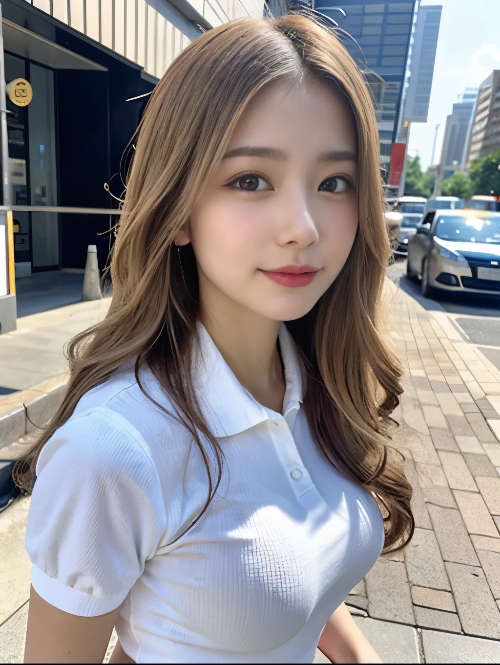 (RAW Photos,Realistic, Photorealistic: 1.4, masterpiece, highest quality), 98k, 1 美しいDay本人女性, alone, 20-year-old, Small face,Cute Smile, Larger breasts, Beautifully detailed round eyes, Droopy Eyes 1.4, Long platinum blonde hair, Wavy Hair, (Highly detailed face and skin texture), White skin,Polo shirt, Micro Mini Skirt, street, Day, sunny Day, close, (View Viewer:1.4)