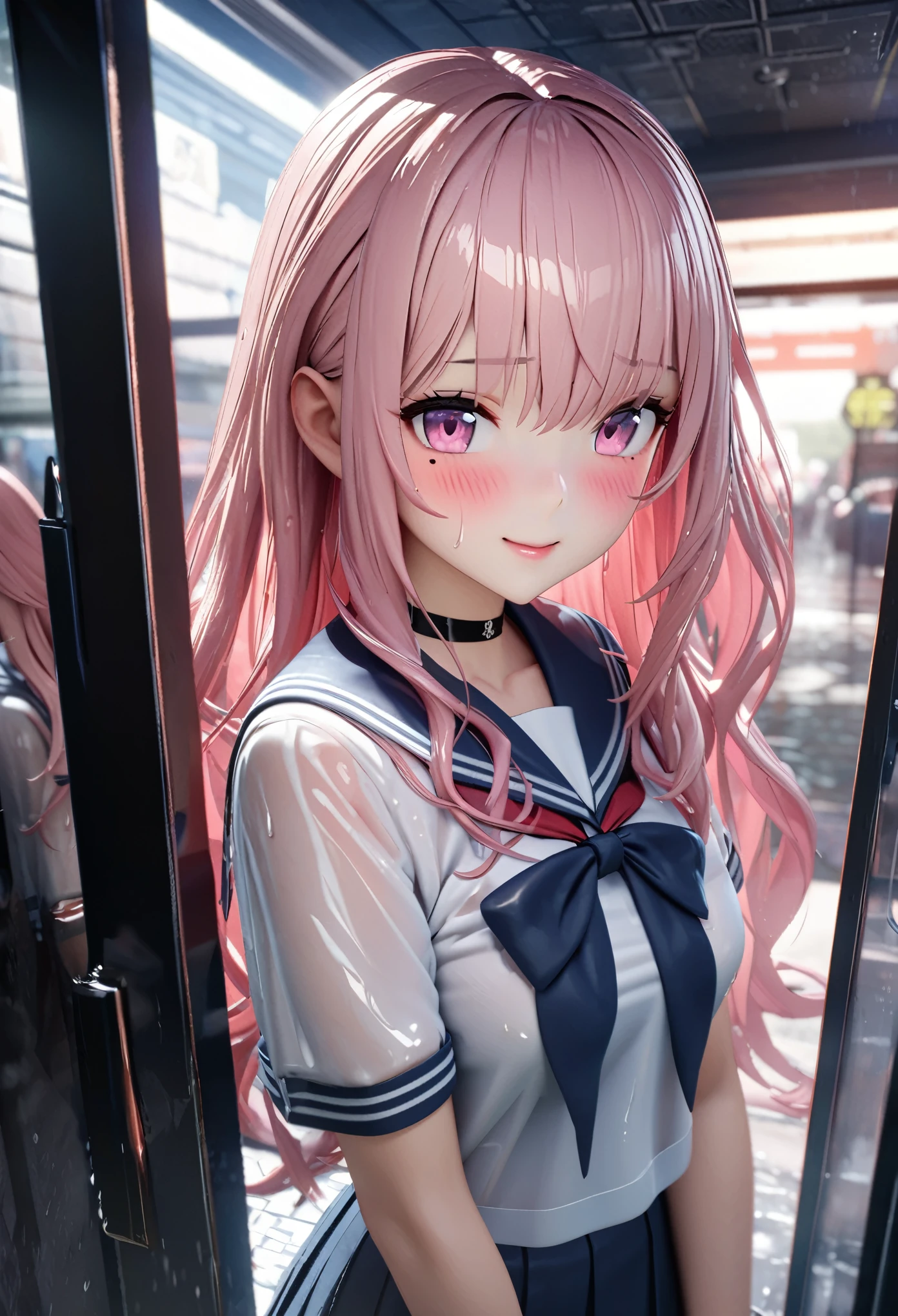 masterpiece, best quality, very detailed, high resolution, expensive solution, high resolution, 4k, 8k, Unity 8k wallpaper, highly detailed CG, masterpiece, 2d, 3d, beautiful details, depth, fine texture, best quality: 1.3, total concentration, transparent skin, him, very cute anime girl, expensive pink long hair, one girl, high school sailor uniform, on the way home from school, it was raining heavily and she was soaking wet. The sailor uniform was see-through, her hair was soaking wet, smiling long pink hair, full body, on the way home from school, heavy rain, mole under eye, gaze, expensive, blush, lips parted, heart, pink eyes, choker