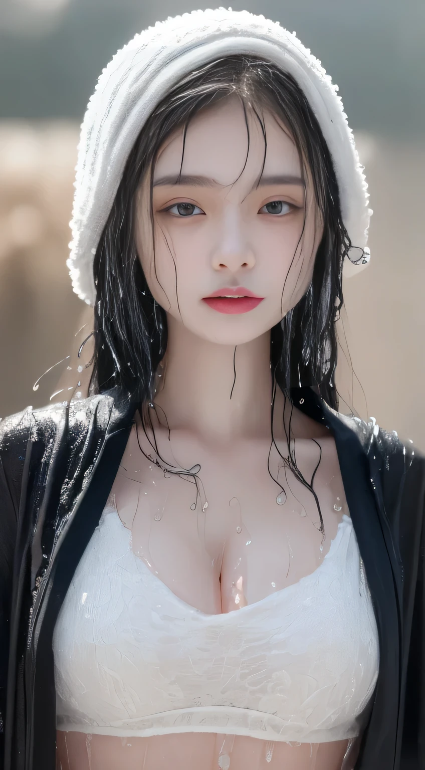 ((Best quality, 8K, masterpiece:1.3)), Beautiful woman with perfect body:1.4, Cleavage highlights:1.5, (Perfect breasts:1.2), (wet clothes:1.5) , Drawstring:1.4, Delicate eyes, Double eyelids,Snow white skin,Long gray hair
