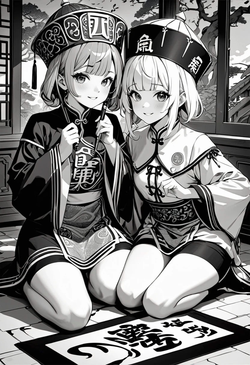 (masterpiece, best quality:1.1), (ultra highres, ultra-detailed:1.2) ,2 Cute Jiangshi,friend pose,popart,(Calligraphy brush:1.4),monochrome,