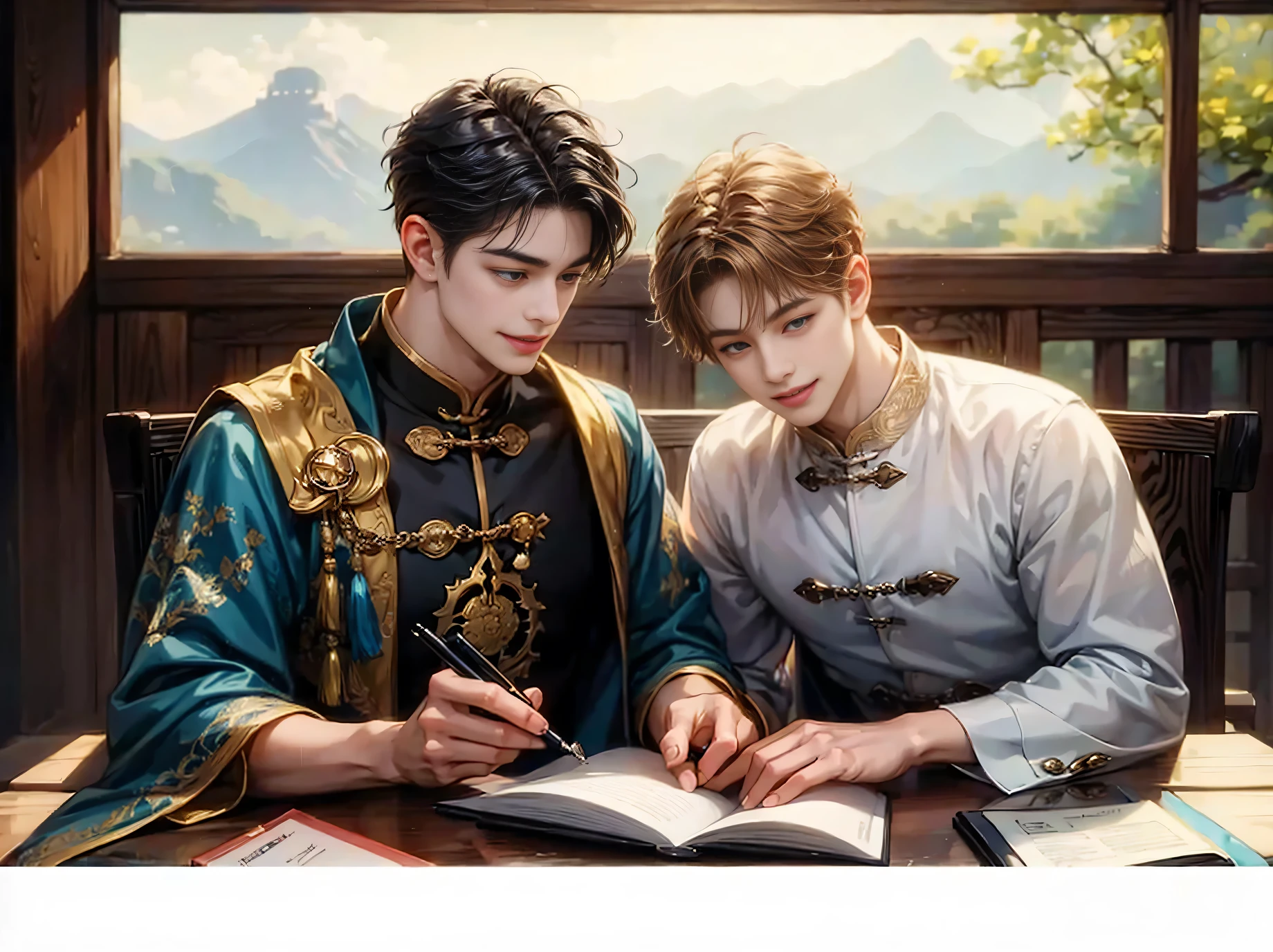 (absurdres, highres, ultra detailed, HDR), masterpiece, best quality, anime character, fantasy style, short hair, four boy, smile, sweet, studying, boy relationship,anime eyes, detailed chinese interior