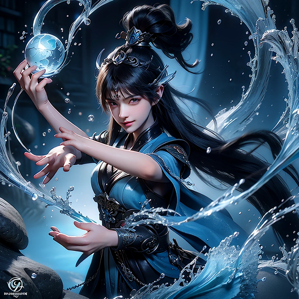 Close-up of a person holding a ball in the air, 亚洲女人Water Element, Witch casts ice ball, closeup fantasy with water magic, Beautiful avatar pictures, Fantasy art style, artgerm and Nguyen Chia, Graphic artist Magali Villeneuve, Beautiful digital artwork, Popular digital fantasy art, Water Element, digital art fantasy art(high quality)(masterpiece)(best quality)(So meticulous)(Smile)