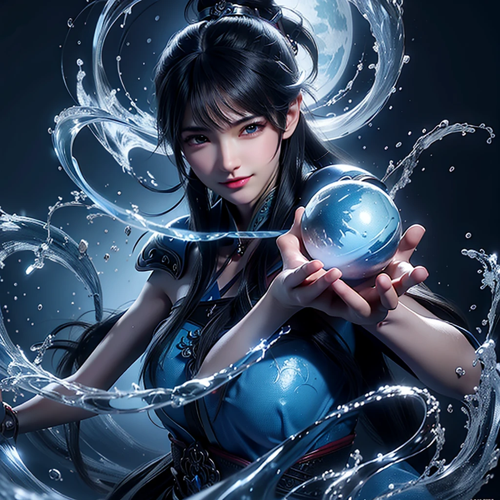 Close-up of a person holding a ball in the air, 亚洲女人Water Element, Witch casts ice ball, closeup fantasy with water magic, Beautiful avatar pictures, Fantasy art style, artgerm and Nguyen Chia, Graphic artist Magali Villeneuve, Beautiful digital artwork, Popular digital fantasy art, Water Element, digital art fantasy art(high quality)(masterpiece)(best quality)(So meticulous)(Smile)