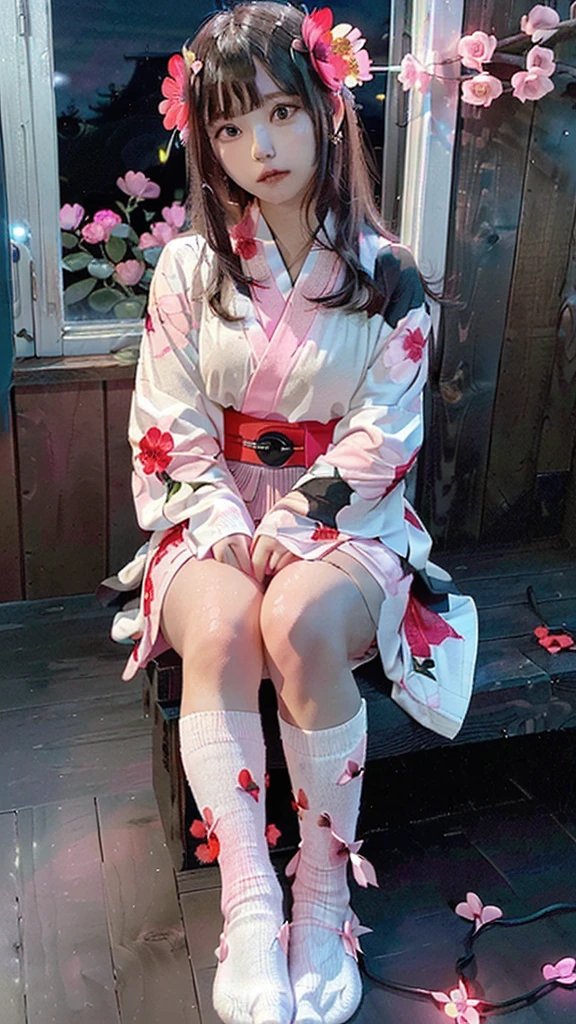 (masterpiece:1.2, high quality), (Pixiv:1.4),21 year old girl, alone,A colorful world,flower, Long Hair,  butterfly, bird, hair ornaments, (((blue skirt,white socks ₎)), Long Hair, hair flower, (((Long sleeve, kimono, bangs, Black Background ₎)), (((wood, pink flower, red flower,night,Light 2))
