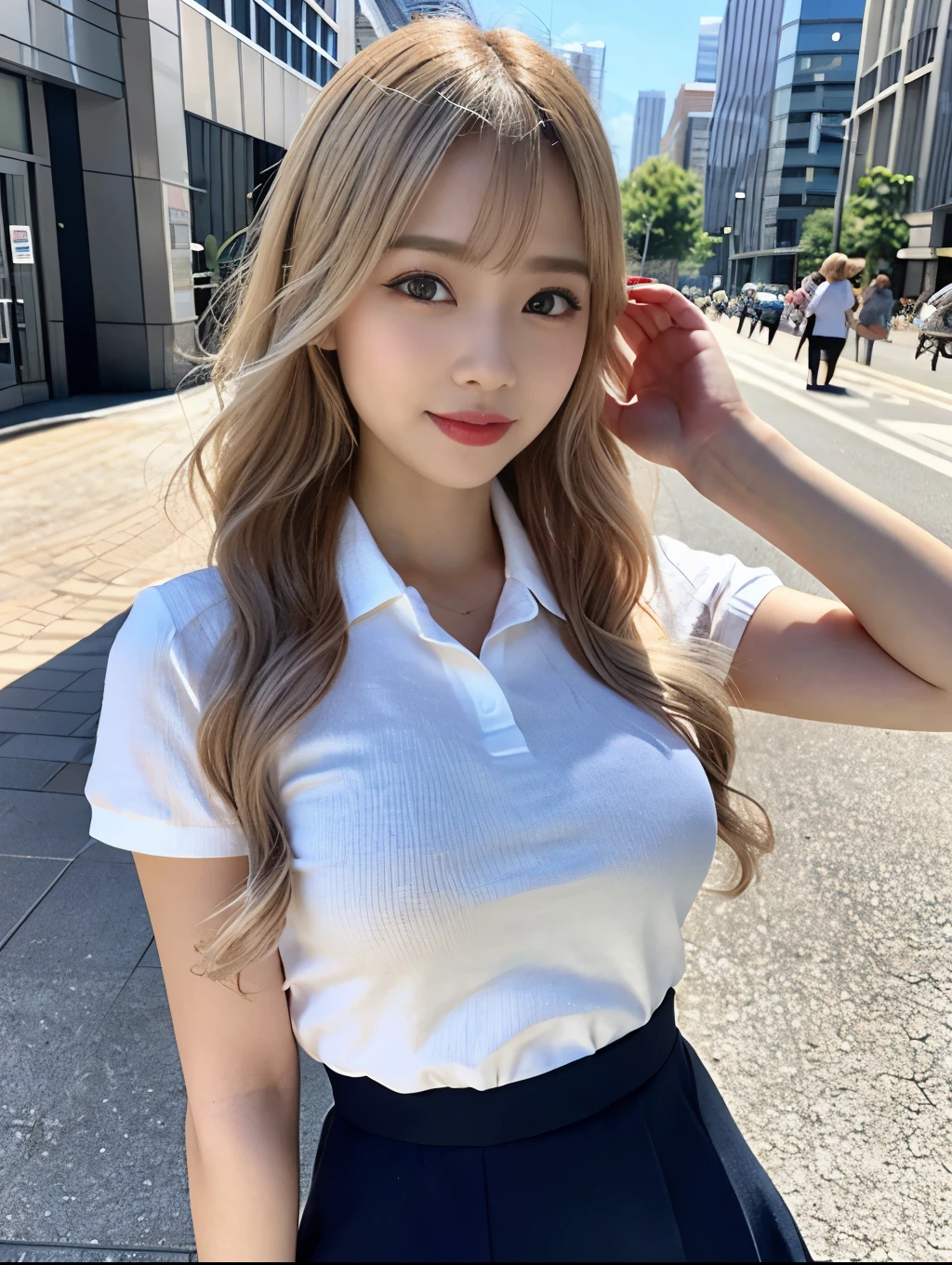 (RAW Photos,Realistic, Photorealistic: 1.4, masterpiece, highest quality), 98k, 1 美しいDay本人女性, alone, 20-year-old, Small face,Cute Smile, Larger breasts, Beautifully detailed round eyes, Droopy Eyes 1.4, Long platinum blonde hair, Wavy Hair, (Highly detailed face and skin texture), White skin,Polo shirt, Micro Mini Skirt, street, Day, sunny Day, close, (View Viewer:1.4)