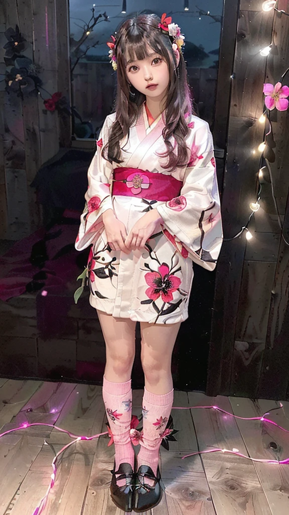 (masterpiece:1.2, high quality), (Pixiv:1.4),21 year old girl, alone,A colorful world,flower, Long Hair, butterfly, bird, hair ornaments, (((blue skirt,white socks ₎)), Long Hair, hair flower, (((Long sleeve, kimono, bangs, Black Background ₎)), (((wood, pink flower, red flower,night,Light 2))