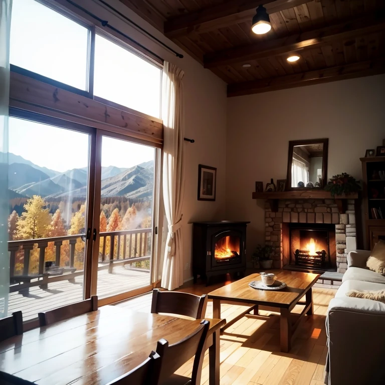 Living room with classic and cozy furniture, Chalet-inspired, Rustic style, With fireplace, Outside the glass window you can see the autumn scenery., A photo that realistically recreates the atmosphere of a cafeteria