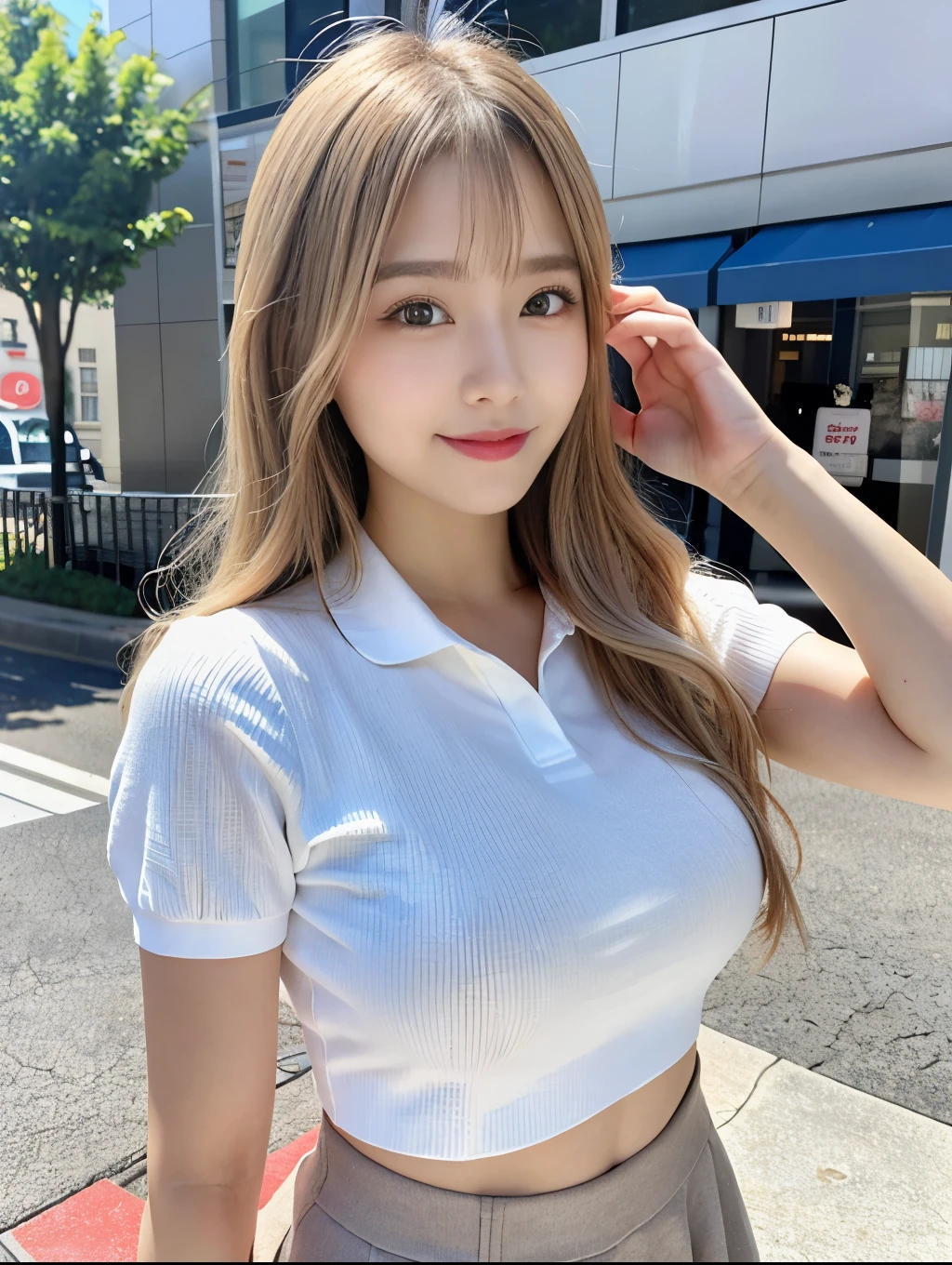 (RAW Photos,Realistic, Photorealistic: 1.4, masterpiece, highest quality), 98k, 1 美しいDay本人女性, alone, 20-year-old, Small face,Cute Smile, Larger breasts, Beautifully detailed round eyes, Droopy Eyes 1.4, Long platinum blonde hair, Wavy Hair, (Highly detailed face and skin texture), White skin,Polo shirt, Micro Mini Skirt, street, Day, sunny Day, close, (View Viewer:1.4)