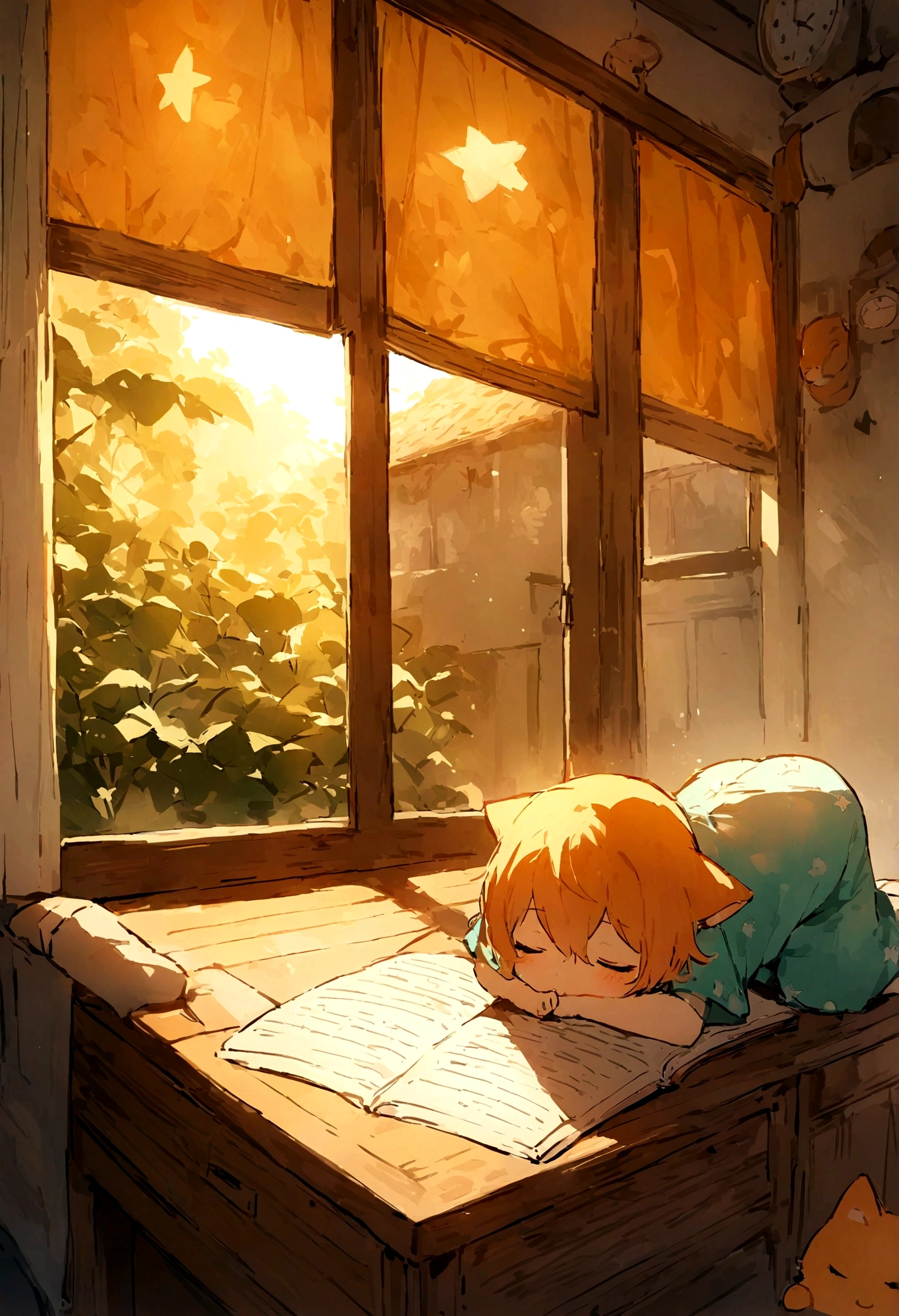 highest quality,4K,8k,High resolution,Tabletop:1.2),a boy's back,reluctant machine,The boy is lying on the desk and doing his homework,The setting sun was shining on the boy through the window.,Wearing star-shaped short-sleeved pajamas,Clock on the wall,Next to the boy、A small orange cat was sleeping on its stomach,warm,Happy,