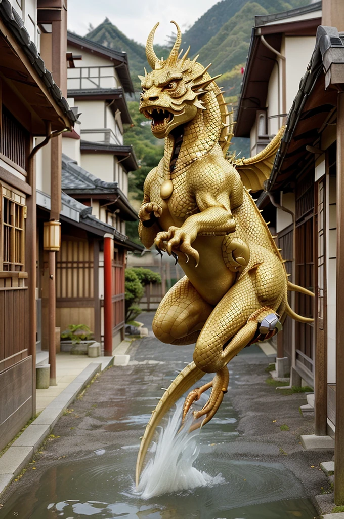 A woman that is actually a golden dragon chases oni from a japanese village