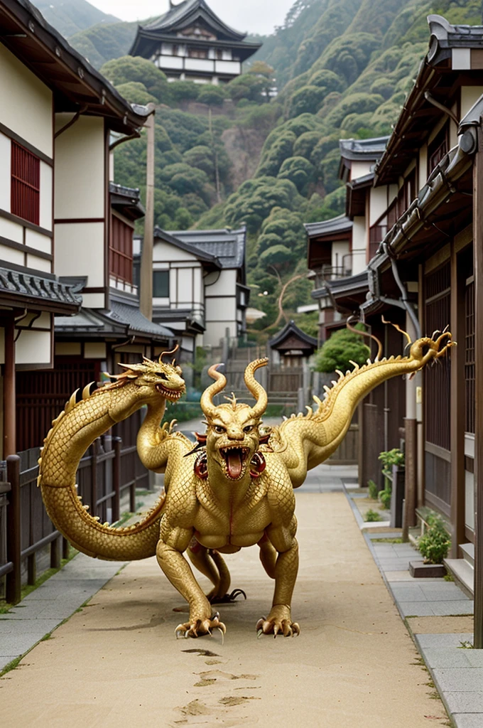 A woman that is actually a golden dragon chases oni from a japanese village