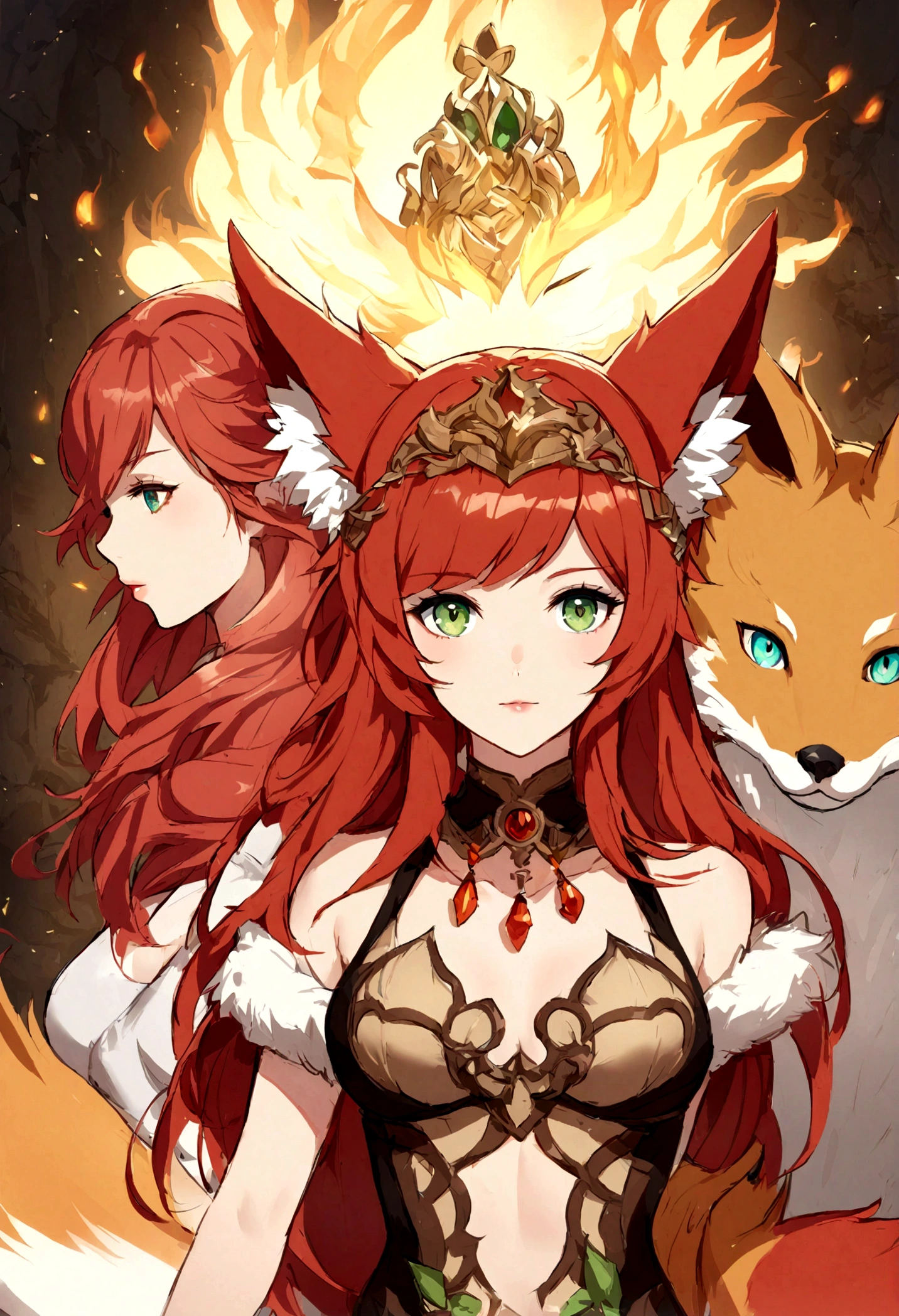a close up of a woman with red hair and a fox, a beautiful fox lady, foxgirl, orange skin and long fiery hair, green eyes, magali villeneuve', graphic artist magali villeneuve, ginger hair and fur, inspired by Magali Villeneuve, in style of anne stokes, red haired goddess, fantasy fox love, fire hair, by Galen Dara