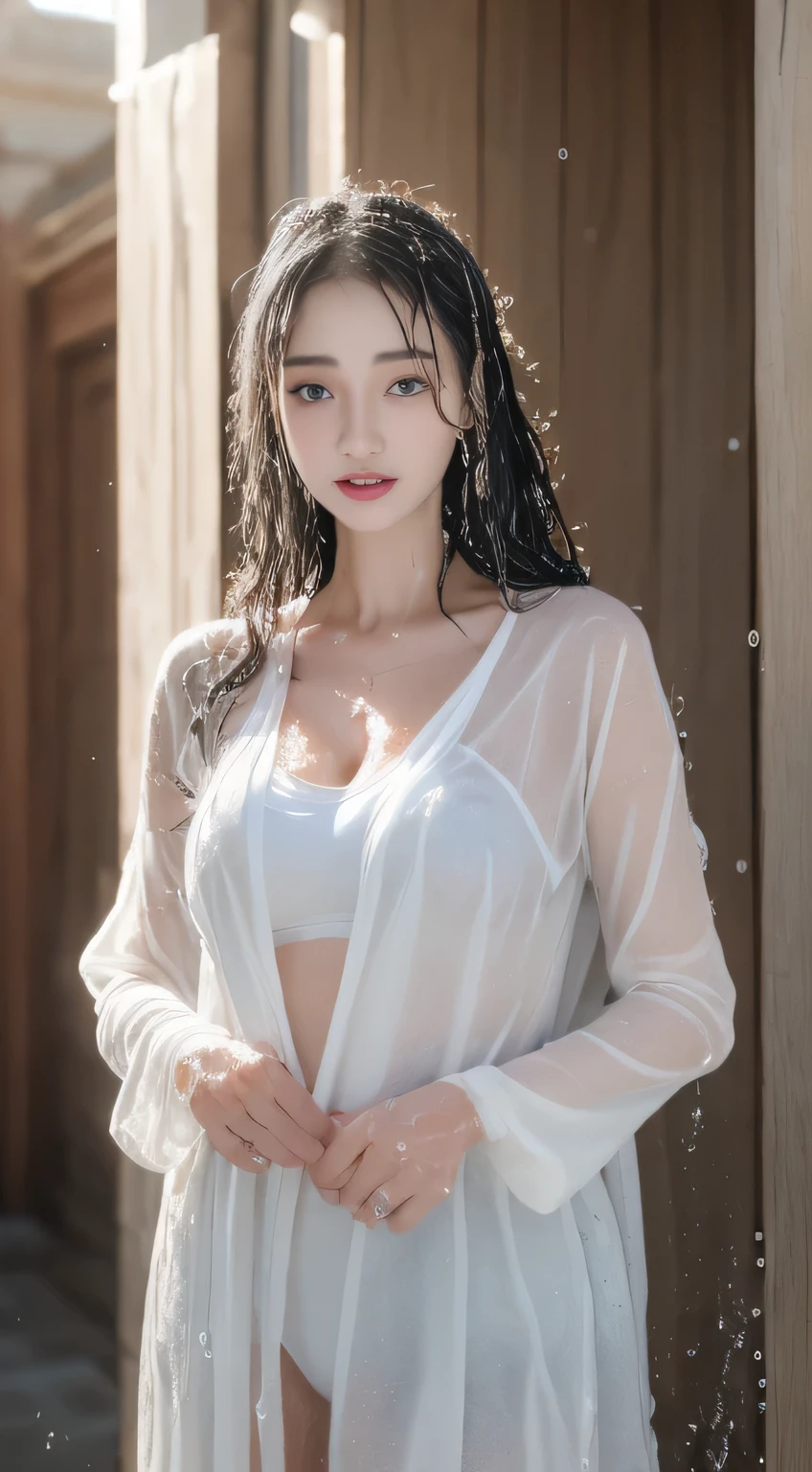 ((Best quality, 8K, masterpiece:1.3)), Beautiful woman with perfect body:1.4, Cleavage highlights:1.5, (Perfect breasts:1.2), (wet clothes:1.5) , Drawstring:1.4, Delicate eyes, Double eyelids,Snow white skin,Long gray hair