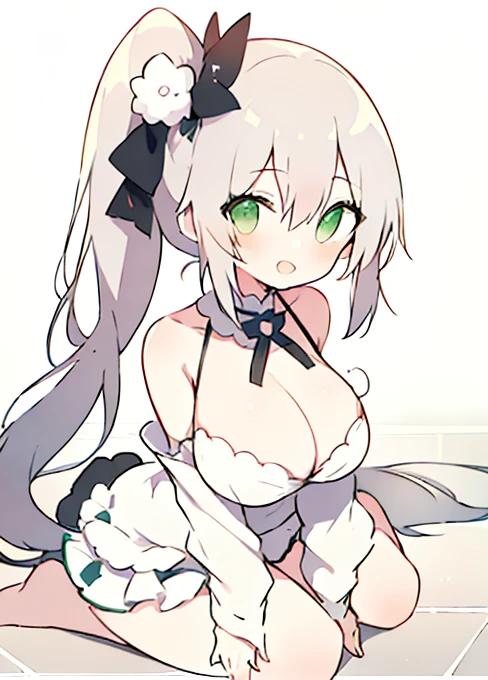 outfit-midsummer swimsuit, 1girl, absurdres,white hair, green eyes, solo,side ponytail, highres, medium_breasts, smile, solo ,solo,milf,curvy, blush, looking at viewer, open mouth,
masterpiece, best_quality, clear details,1girl, (wariza on_floor),
white_background,simple_background