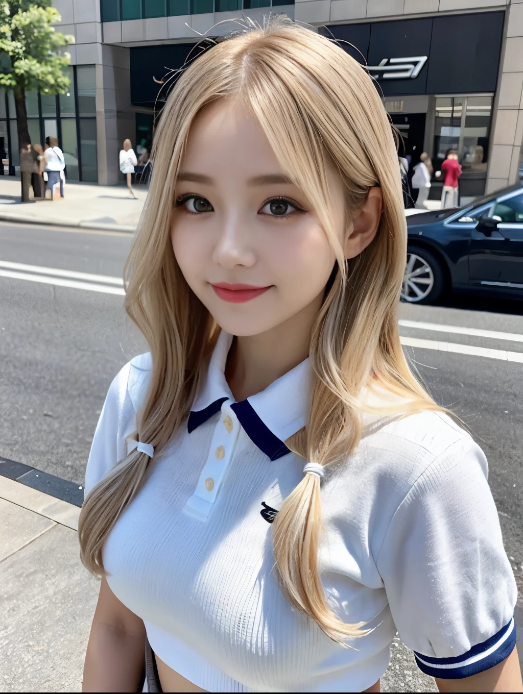 (RAW Photos,Realistic, Photorealistic: 1.4, masterpiece, highest quality), 98k, 1 美しいDay本人女性, alone, 20-year-old, Small face,Cute Smile, Larger breasts, Beautifully detailed round eyes, Droopy Eyes 1.4, Long platinum blonde hair, Wavy Hair, (Highly detailed face and skin texture), White skin,Polo shirt, Micro Mini Skirt, street, Day, sunny Day, close, (View Viewer:1.4)