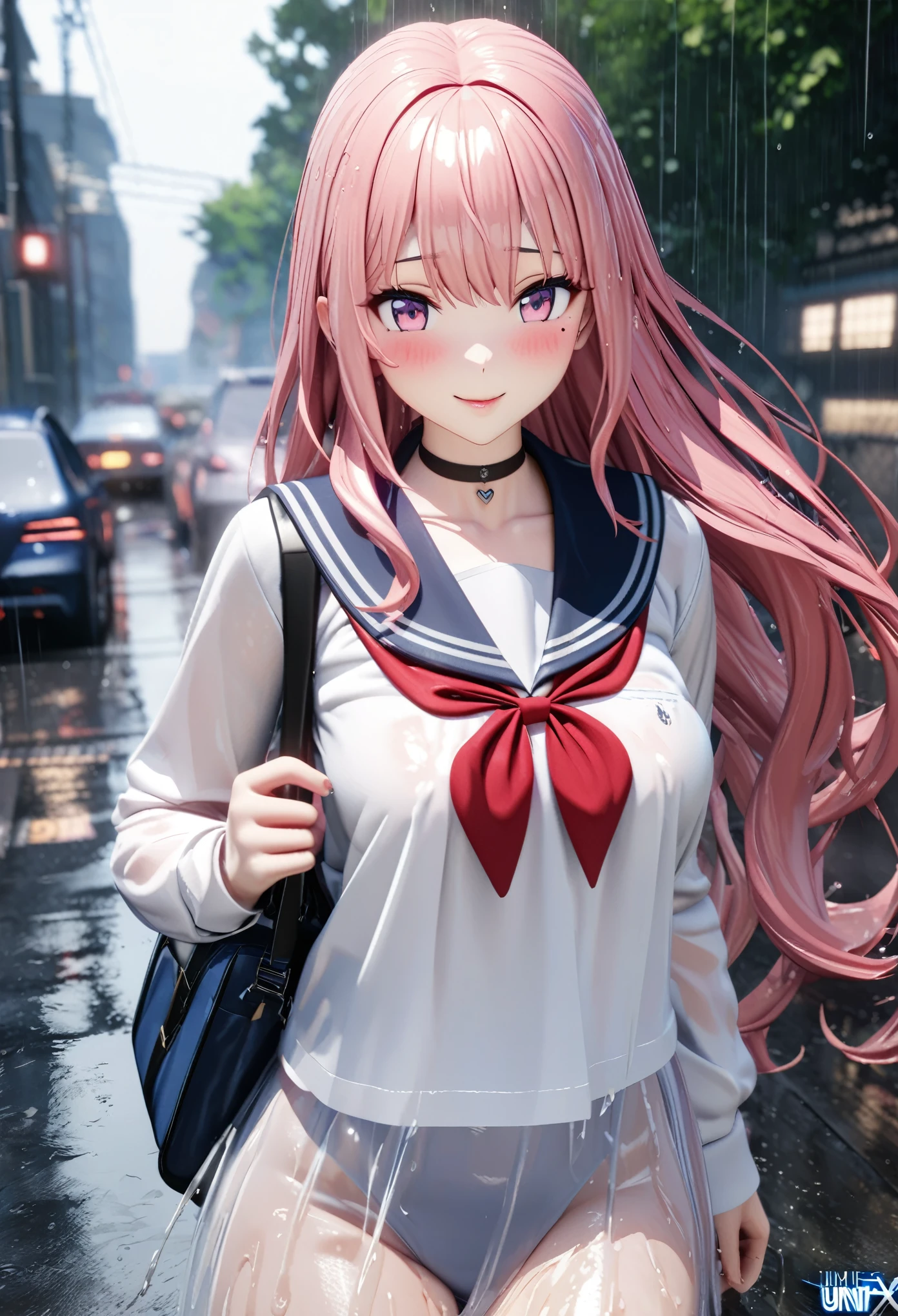 masterpiece, best quality, very detailed, high resolution, expensive solution, high resolution, 4k, 8k, Unity 8k wallpaper, highly detailed CG, masterpiece, 2d, 3d, beautiful details, depth, fine texture, best quality: 1.3, total concentration, transparent skin, him, very cute anime girl, expensive pink long hair, one girl, high school sailor uniform, on the way home from school, it was raining heavily and she was soaking wet. The sailor uniform was see-through, her hair was soaking wet, smiling long pink hair, full body, on the way home from school, heavy rain, mole under eye, gaze, expensive, blush, lips parted, heart, pink eyes, choker