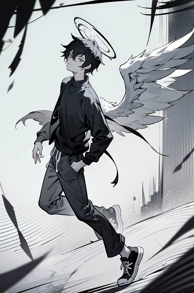 teenage boy, black and white halo, black and white wings on left side, no wings on right side, black eye, white sclera, white eye, black sclera,
handsome, slim, well-built, lots of scars covering body,
wearing a stylish black and white cropped jacket, black shirt, black and white baggy sweat pants, black socks and black and white converse high tops,
walking through a street on a sunny day,