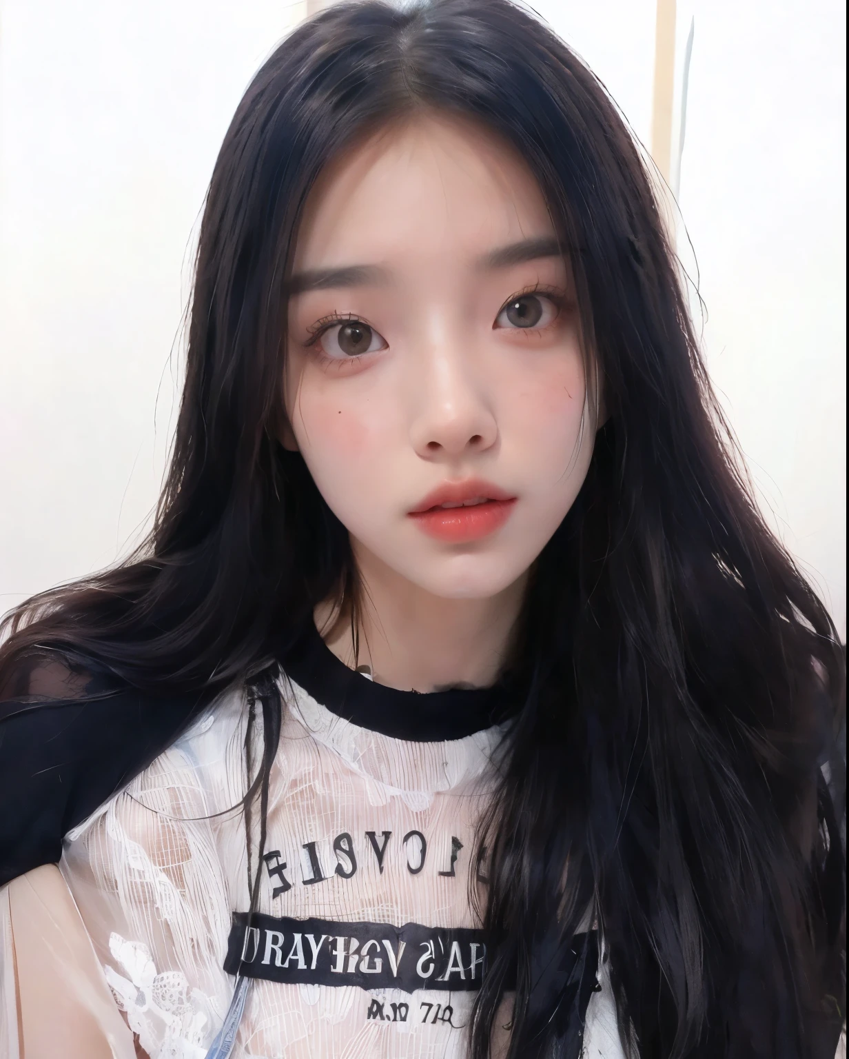 Close-up of a woman wearing a white shirt and long black hair, Best Face, korean, korean symmetrical face, Jaeyeon Nam, Korean facial features, Heonhwa Choi, Mulher sul-korean bonita, 귀엽고 사랑스러운 korean 얼굴, beautiful aesthetic face, 젊고 사랑스러운 korean 얼굴, Jenny Blackpink, Jinyoung Canella, White Bank Cabello Black