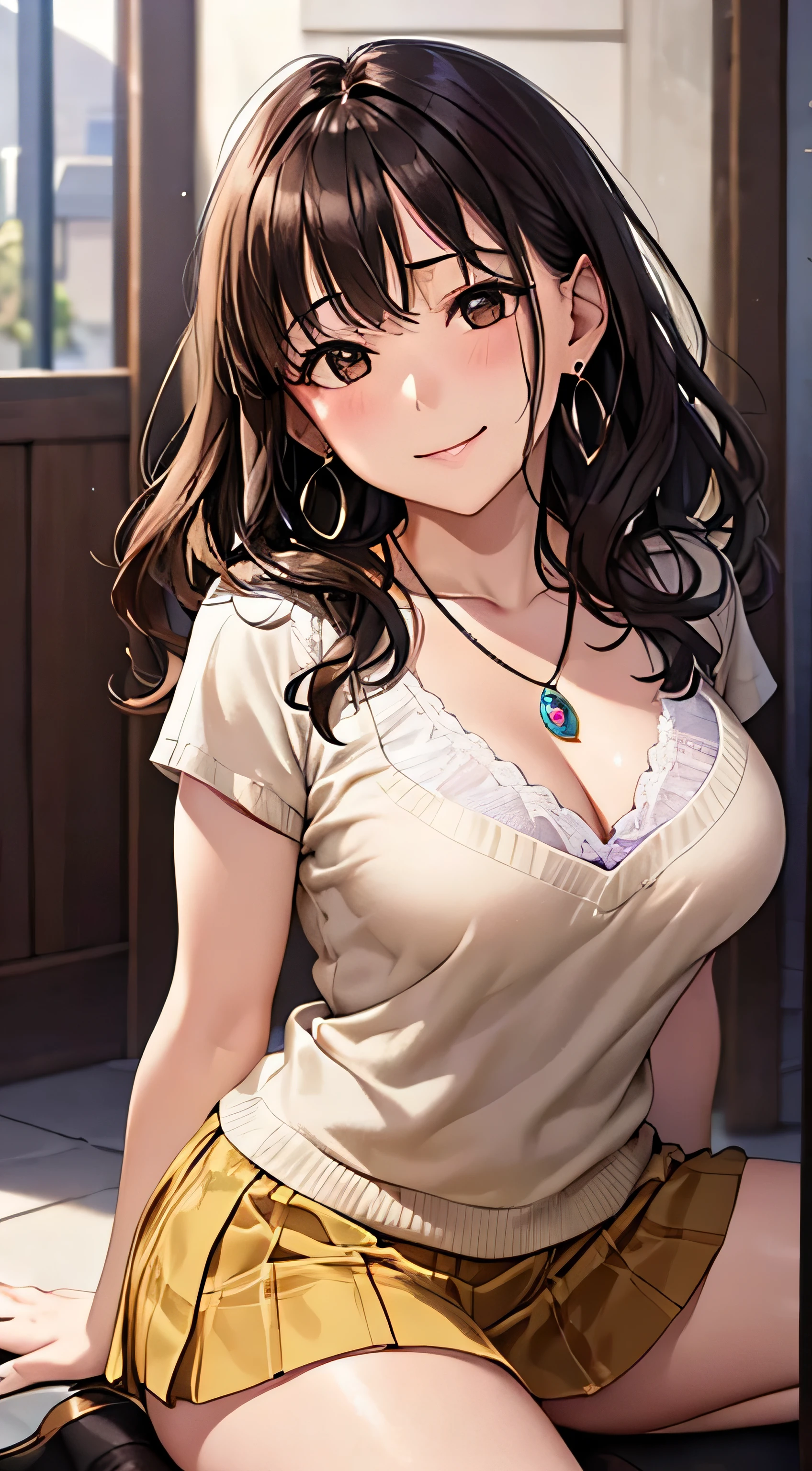 (Tabletop, highest quality, High resolution, , Pixel perfect, 4K,), 1 girl, single, alone, Beautiful woman、I could see the whole body、 ((Wavy mid-length hair, bangs, Brown Hair)), ((Brown eyes, Beautiful eyelashes, Realistic eyes)), ((Detailed face, blush:1.2)), ((Smooth texture:0.75, Realistic texture:0.65, Realistic:1.1, Anime CG Style)), Mid-chest, Dynamic Angle, Perfect body, ((, female teacher、Sitting on the floor、Spread your legs, , Earrings、necklace、Light beige open neck sweater、dark blue long flared skirt、Black knee-high stockings、White and pink lace panties、A shy smile、Put your hands behind your back、Leaning forward、)), Looking up、、(、、、Angle from below)、