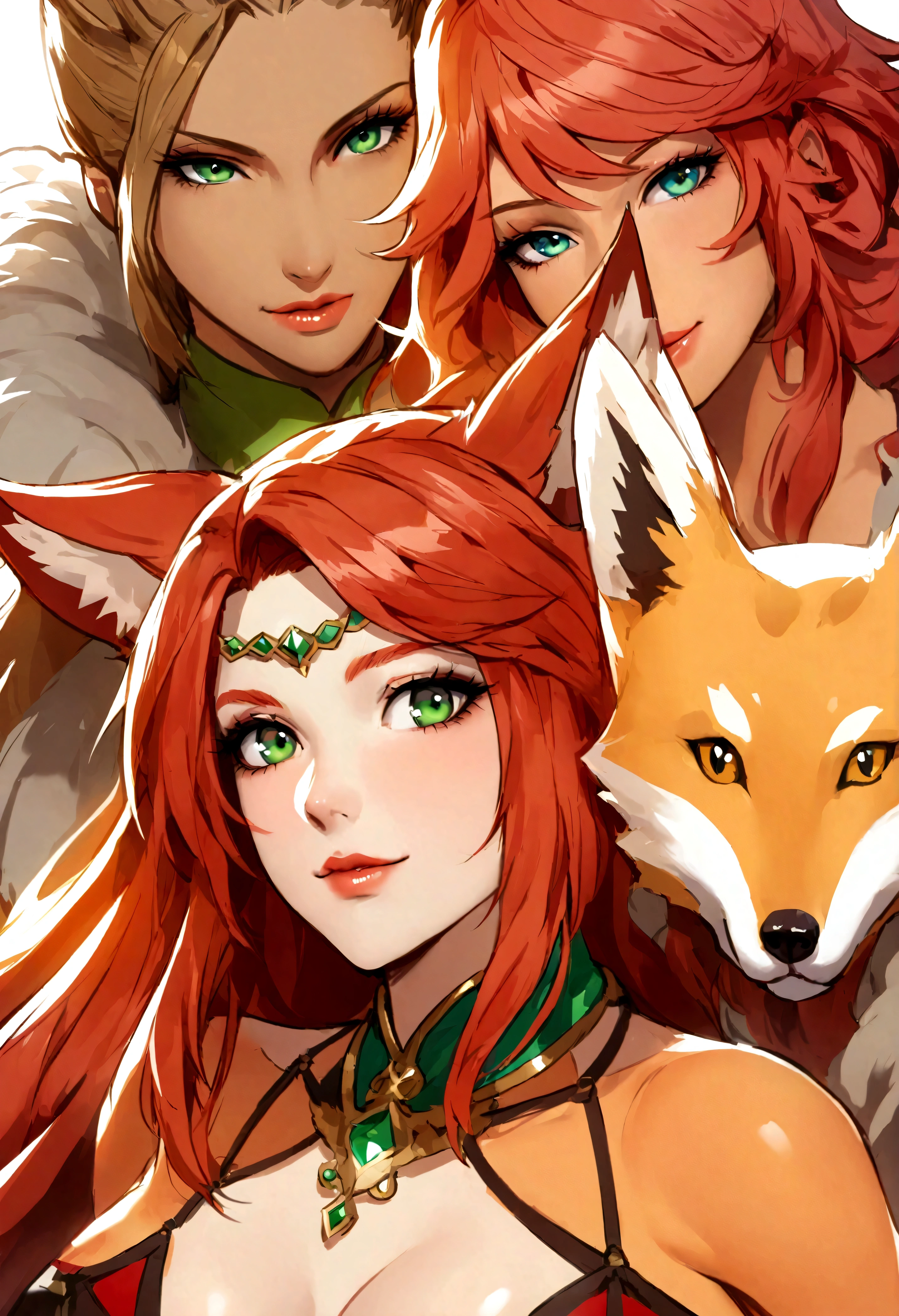 a close up of a woman with red hair and a fox, a beautiful fox lady, foxgirl, orange skin and long fiery hair, green eyes, magali villeneuve', graphic artist magali villeneuve, ginger hair and fur, inspired by Magali Villeneuve, in style of anne stokes, red haired goddess, fantasy fox love, fire hair, by Galen Dara
