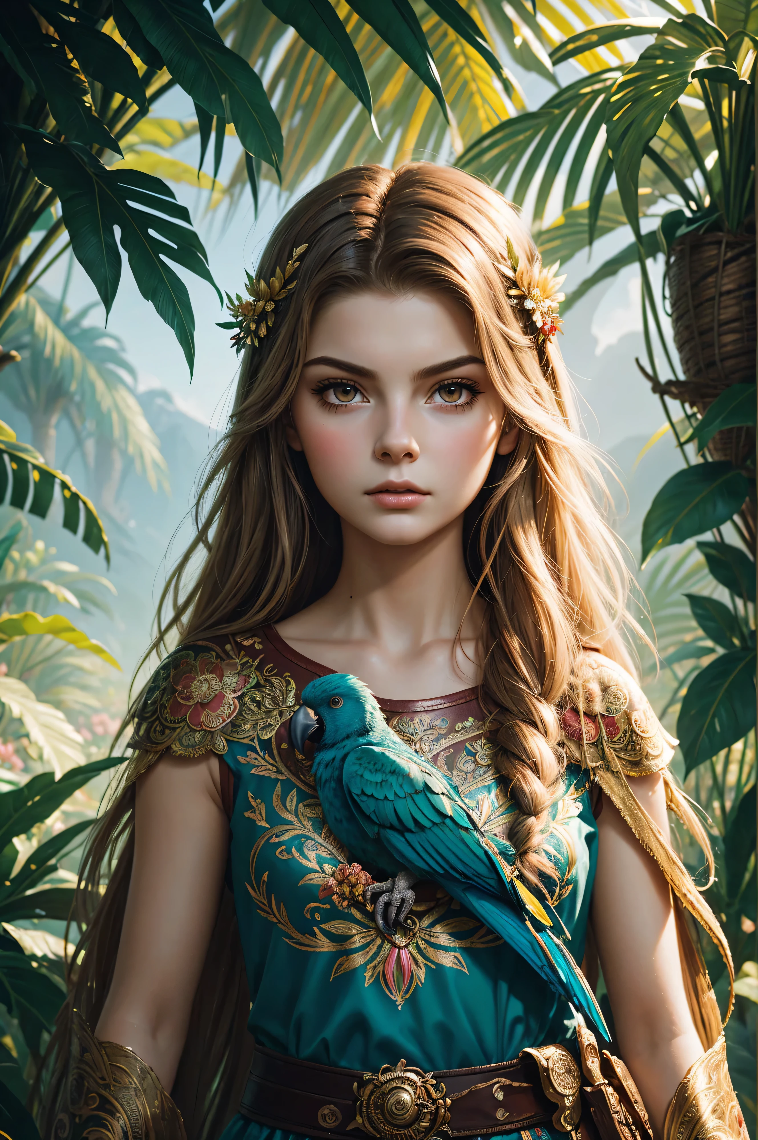 portrait Brighton Sharbino wearing parrot costume, against the background of paradise, character portrait, 3 9 9 0 s, long hair, intricate, elegant, highly detailed, digital painting, artstation, concept art, smooth, sharp focus, illustration, art by wlop, charlie bowater and alexandra fomina
