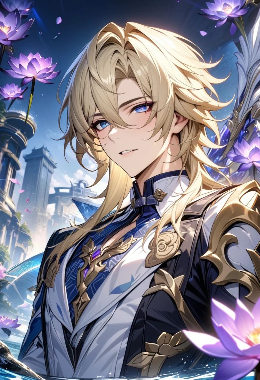 (absurdres, highres, ultra detailed, HDR), masterpiece, best quality, Gepard, blonde hair, expressive blue eyes, finely eye and detailed face, honkai star rail, solo, sexy man, handsome, white clothes, patterns, water, purple lotus, petals, purple butterflies