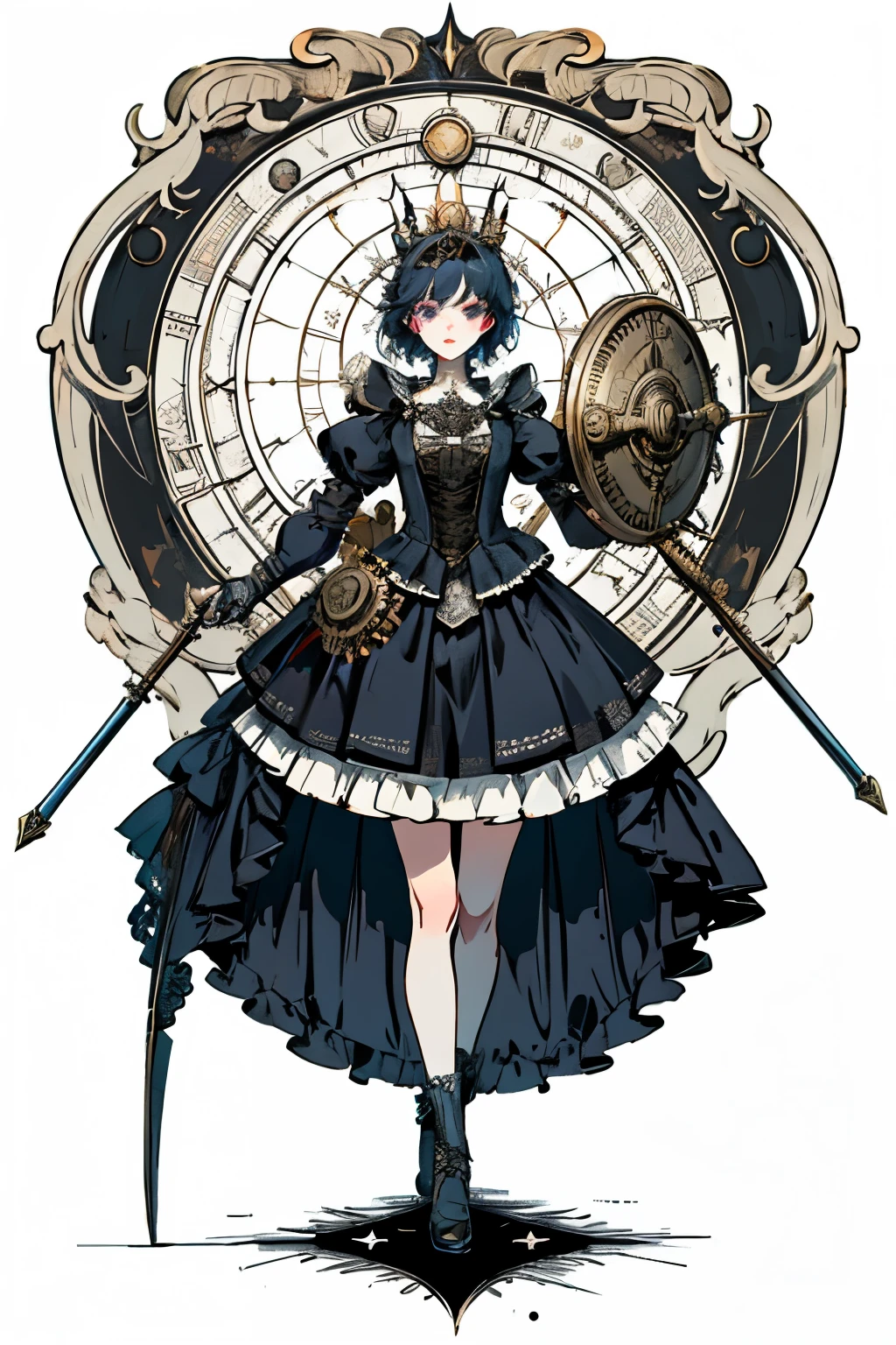((best quality)), ((masterpiece)), (detailed), perfect face ((best quality)), ((masterpiece)), (detailed), blank white background, plain background, white background, Bloodborne inspired, occult aesthetic, occult, detailed and intricate steampunk and detailed gothic, (zentangle, mandala, tangle, entangle), NSFW, torn clothing, Very dramatic and cinematic lighting, cosmic horror, grim-dark, side-lighting, perfect face, a beautiful goddess adorned and enshrined in armour, Bloodborne inspired , occult aesthetic , occult , detailed and intricate steampunk and detailed gothic , wielding a sword and holding a shield, NSFW, Fluttering lace flared short dress with frilly petticoats, knee length dress, pleated petticoats, lolita dress, petticoats gothic lolita, side-lighting, gothic lolita aesthetic, beautiful small breasts, small breasts, full body, whole body, body, plain background, white background, blank background, no background, white background NSFW, full body, whole body, head-to-toe