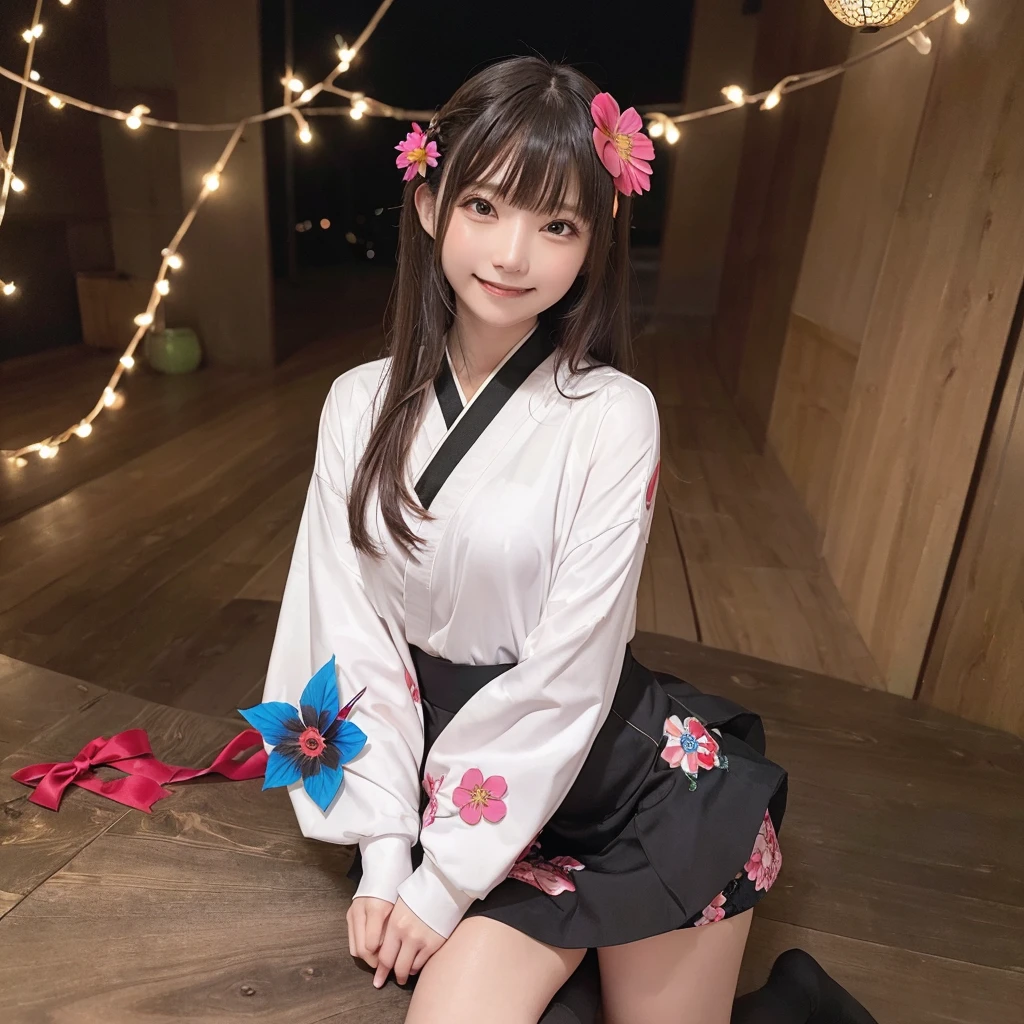 (masterpiece:1.2, high quality), (Pixiv:1.4),21 year old girl, alone,A colorful world,flower, Long Hair, butterfly, bird, hair ornaments, (((blue skirt,white socks ₎)), Long Hair, hair flower, (((Long sleeve, kimono, bangs, Black Background ₎)), (((wood, pink flower, red flower,night,Light 2)),smile