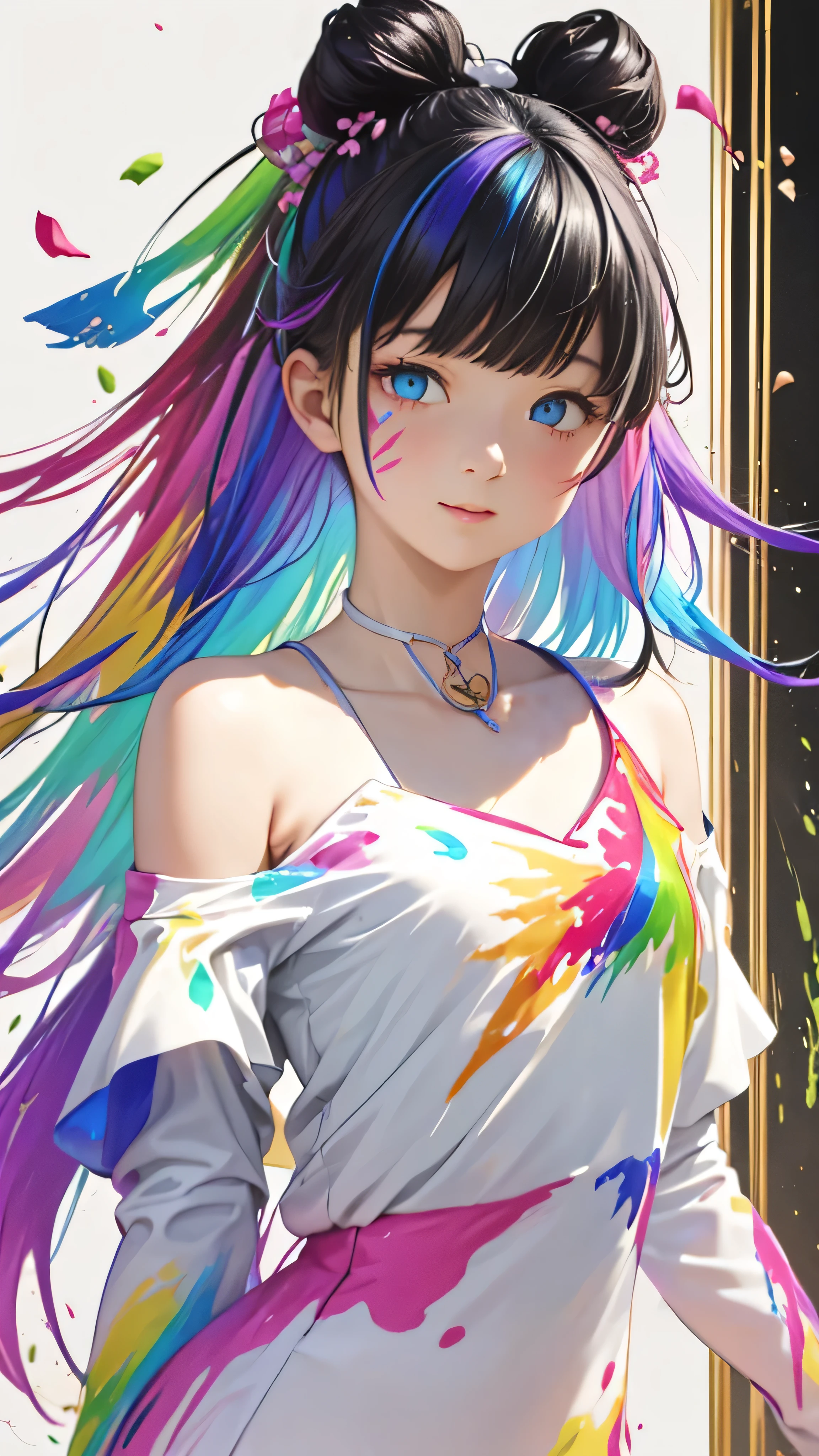 （Pink Fashion T-Shirt：1.9），(Colorful hair: 1.8), (All the colors of the rainbow: 1.8),(((((vertical painting：1.6))), （painting：1.6），front, comics, shapes, paintings, Big eyes, Clear Eyes,（ Rainbow gradient high ponytail：1.7）, Exquisite makeup, Mouth closed,(Small Fresh: 1.5),(Wipe the chest: 1.6) ，Long eyelashes, off shoulder white t-shirt,  White shoulder shirt，Looking at the audience, Big teary eyes, (Rainbow Hair：1.6), Color splash, （alone：1.8）, Color splash, explosion of colors, thick paint style, Messy Lines, ((The Shining))，(colorful), (colorful), (colorful), colorful, Thick paint Style, (splash) (Color splash), Vertical painting, Upper Body, paint splash, Acrylic Pigments, slope, paint, Best image quality, highest quality, masterpiece, alone, Written boundary depth, Face paint,  colorful clothes, (elegant: 1.2), Nice,Long Hair, Wind, (elegant: 1.3), (petal: 1.4)，(((masterpiece))),(((highest quality))),((Very detailed)),(shape),(Dynamic Angle),((floating)),(paint),((Disheveled Hair)),(alone),(One Girl) , (((Detailed anima face))),((Beautifully detailed face)),collar,Expose your shoulders,Gray Hair, ((colorful hair)),((Striped Hair)),Beautiful details,(slope color eyes),(((colorful eyes))),(((colorful background))),(((High chroma))),(((surrounded by colorful splashes))), 


