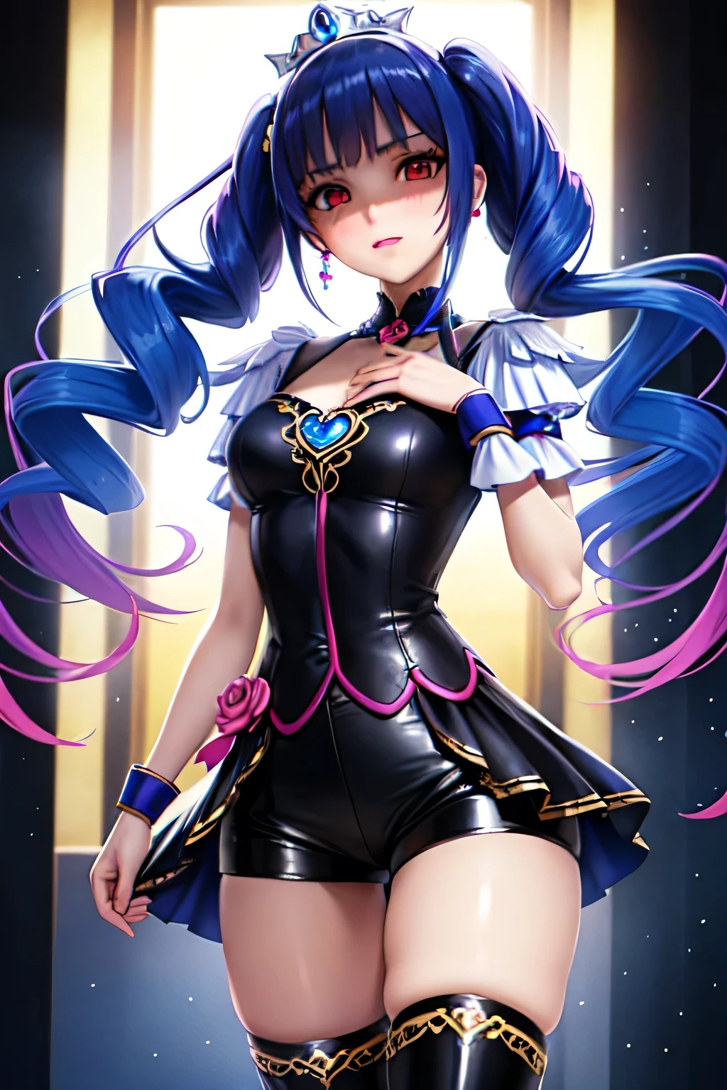 highest quality, Super detailed, masterpiece, anime, One Girl, alone, Cure Sky,Blue Hair,Long Hair, Feather hair ornament, skirt. tiara, Wrist cuff, (Black shorts), Black shorts under skirt, boots, (Shiny fabric), Cowboy Shot, Black Gemstones, Are standing, blush, (Beautiful fine details), Highly detailed face, Perfect lighting, Highly detailed CG, (Perfect hands, Perfect Anatomy), Shiny material, Blue ribbon, jewelry, Latex gloss,Red Eye,Dark Aura,Straight hair,Blackwing,Black Dress,