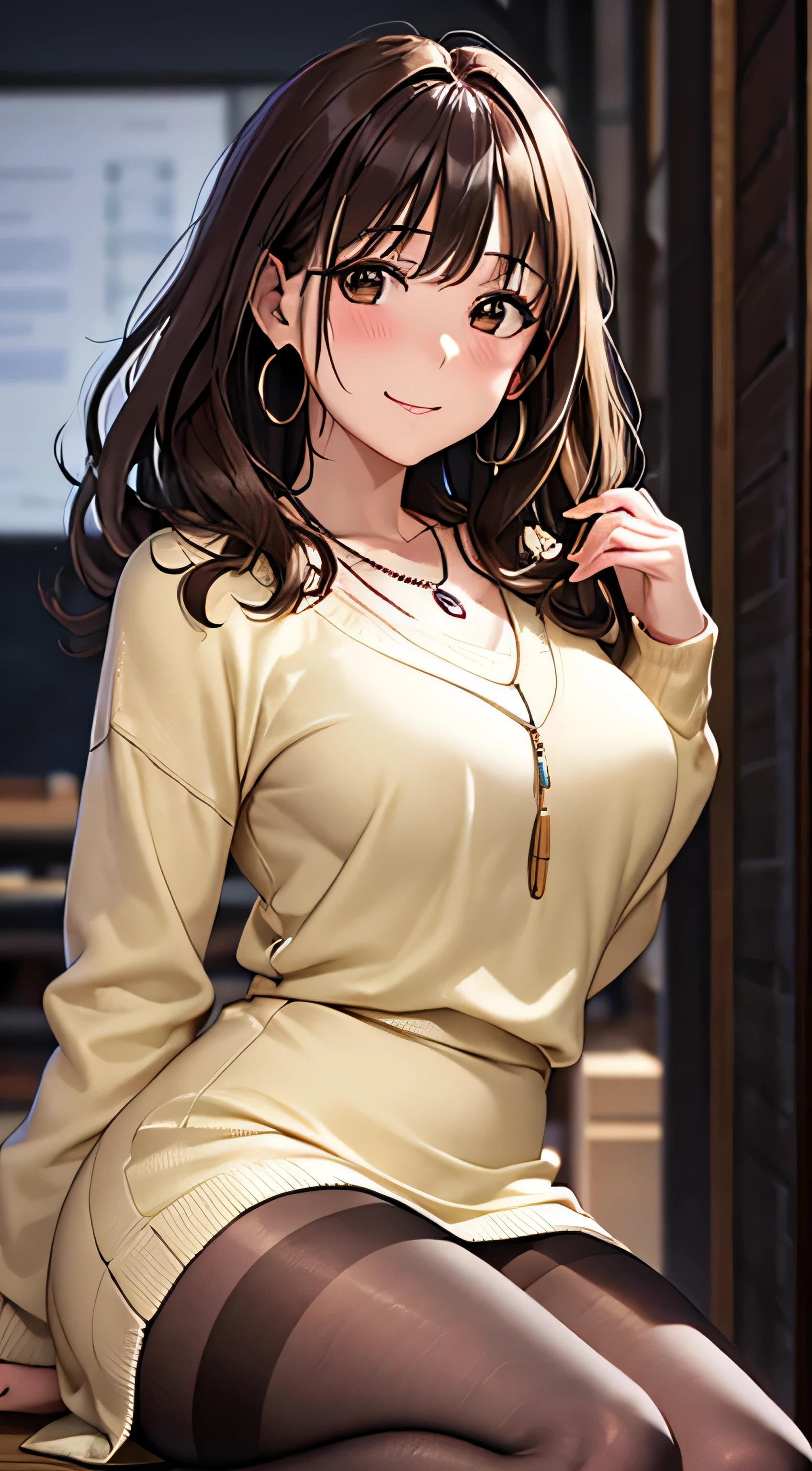 (Tabletop, highest quality, High resolution, , Pixel perfect, 4K,), 1 girl, single, alone, Beautiful woman、I could see the whole body、 ((Wavy mid-length hair, bangs, Brown Hair)), ((Brown eyes, Beautiful eyelashes, Realistic eyes)), ((Detailed face, blush:1.2)), ((Smooth texture:0.75, Realistic texture:0.65, Realistic:1.1, Anime CG Style)), Mid-chest, Dynamic Angle, Perfect body, ((, female teacher、Sitting on the floor、Spread your legs, , Earrings、necklace、Light beige open neck sweater、dark blue long flared skirt、Black knee-high stockings、White and pink lace panties、A shy smile、Put your hands behind your back、Leaning forward、)), Looking up、、(、、、Angle from below)、