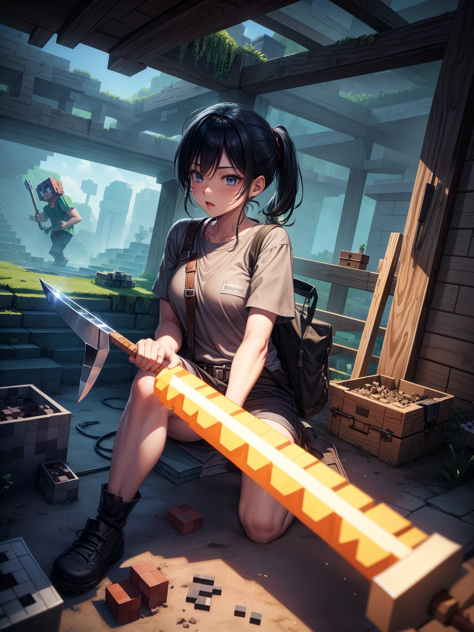 Steve、Mining in the Minecraft world、pickaxe。masterpiece、Amazing artwork、Unique images aidma-niji、niji 
