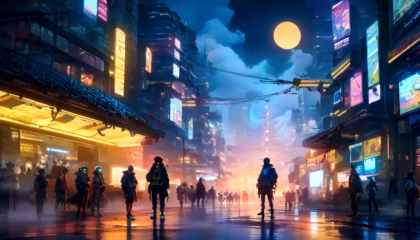 several friends of the future standing in a panoramic cyberpunk street , outdoors , night , dream ,( dense fog :1.4), circular massive yellow moon, sky , gold decoration, Asia panoramic cyberpunk art, movie poster , a minimalist background ,high-tech, graffiti, futuristic gadgets, cinematic, ultra-detailed, high-tech implants, augmented reality, vintage futurism, pan futurism, dystopian cyberpunk, neon-lit urban landscape, add in a car on the right side