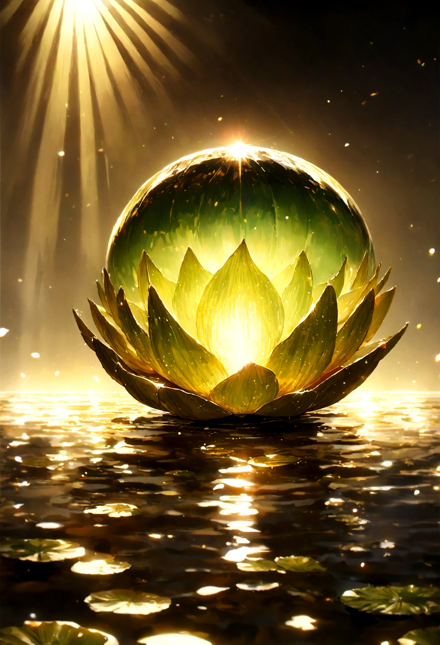 （close up:1.5）, (Solitary:1.5), lotus, Green Stem, Silt emerges from the water, Golden Light, halo background, (Divine Light:1.5), The sun shines down from above, Divine Light, Ray tracing, Negative Space, Ultra HD, Retina, masterpiece, precise, Super Detail, High Detail, high quality, High resolution, 16K，Detailed light shadows，high resolution，Liveliness, detailed, Astonishing