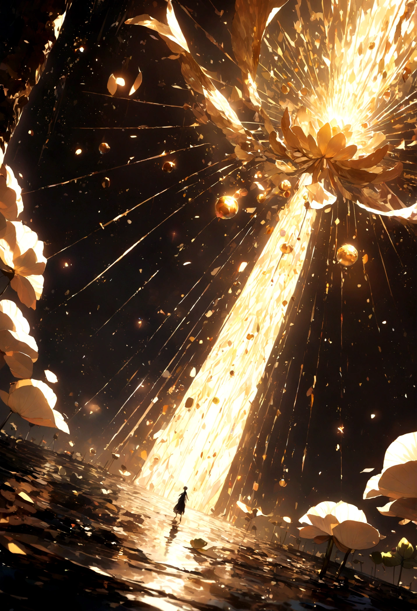 （close up:1.5）, (Solitary:1.5), lotus, Green Stem, Silt emerges from the water, Golden Light, halo background, (Divine Light:1.5), The sun shines down from above, Divine Light, Ray tracing, Negative Space, Ultra HD, Retina, masterpiece, precise, Super Detail, High Detail, high quality, High resolution, 16K，Detailed light shadows，high resolution，Liveliness, detailed, Astonishing