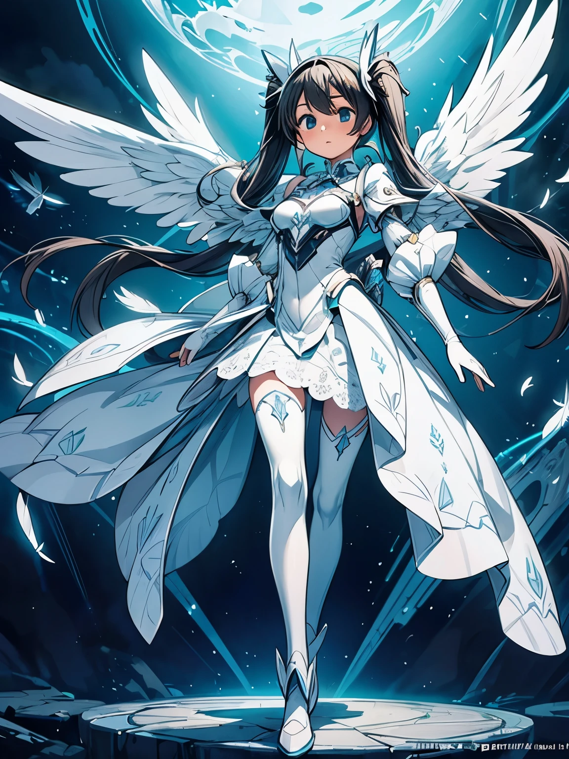 (masterpiece、highest quality、highest quality、Official Art、Beautiful and beautiful:1.2)、(One girl:1.3)Hatsune Miku、Twin tails,Big Breasts,Close-up of a woman in a white dress with wings, Angel all over, Futuristic robot angel, Amazing angel wings, Angel Knight Gothic Girl, Angel in plastic armor, Intricate costume design, As the mysterious Valkyrie, Its whole body is made of white feathers,, Futuristic and fantastical, White Wings, Beautiful angel wings, Steampunk Angel, Beautiful cyborg angel girl, Graceful Wings,Dynamic Angle, Full body and dynamic poses, Are standing