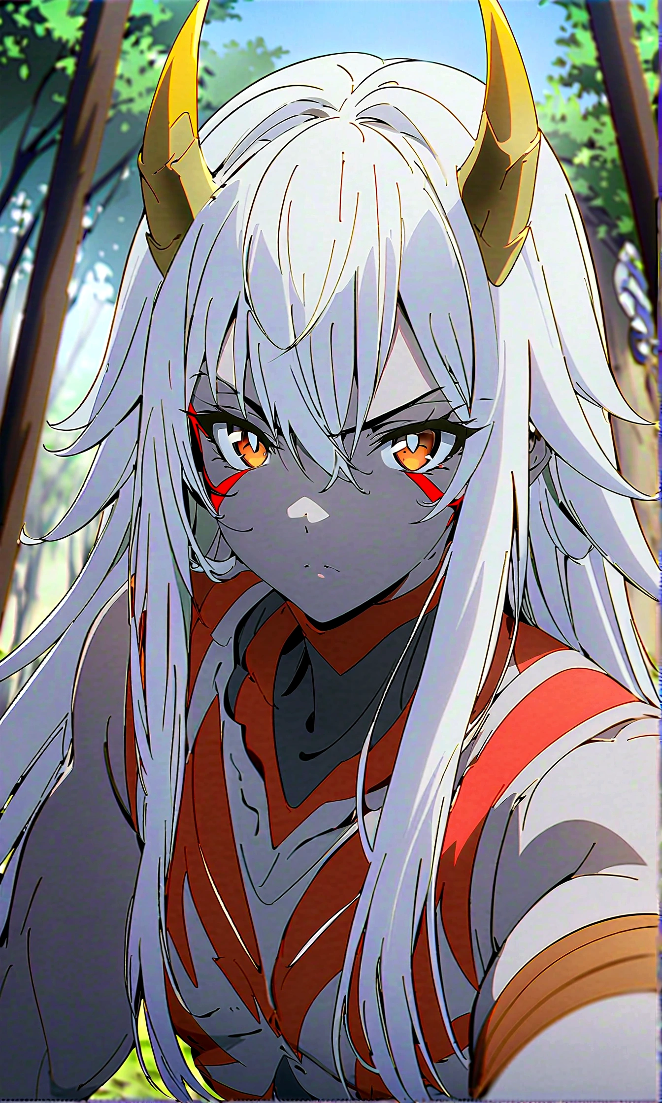 anime aestetic, anime character, grey skin, male ogre, red tatoos, agry eyes, golden horns, two horns, ogre, muscular body, dynamic pose, brown eyes, white long hair, blury forest on the background, daytime, perfect quality, pov, highres, best quality, award winning, 4K, high details, anatomically correct, masterpiece