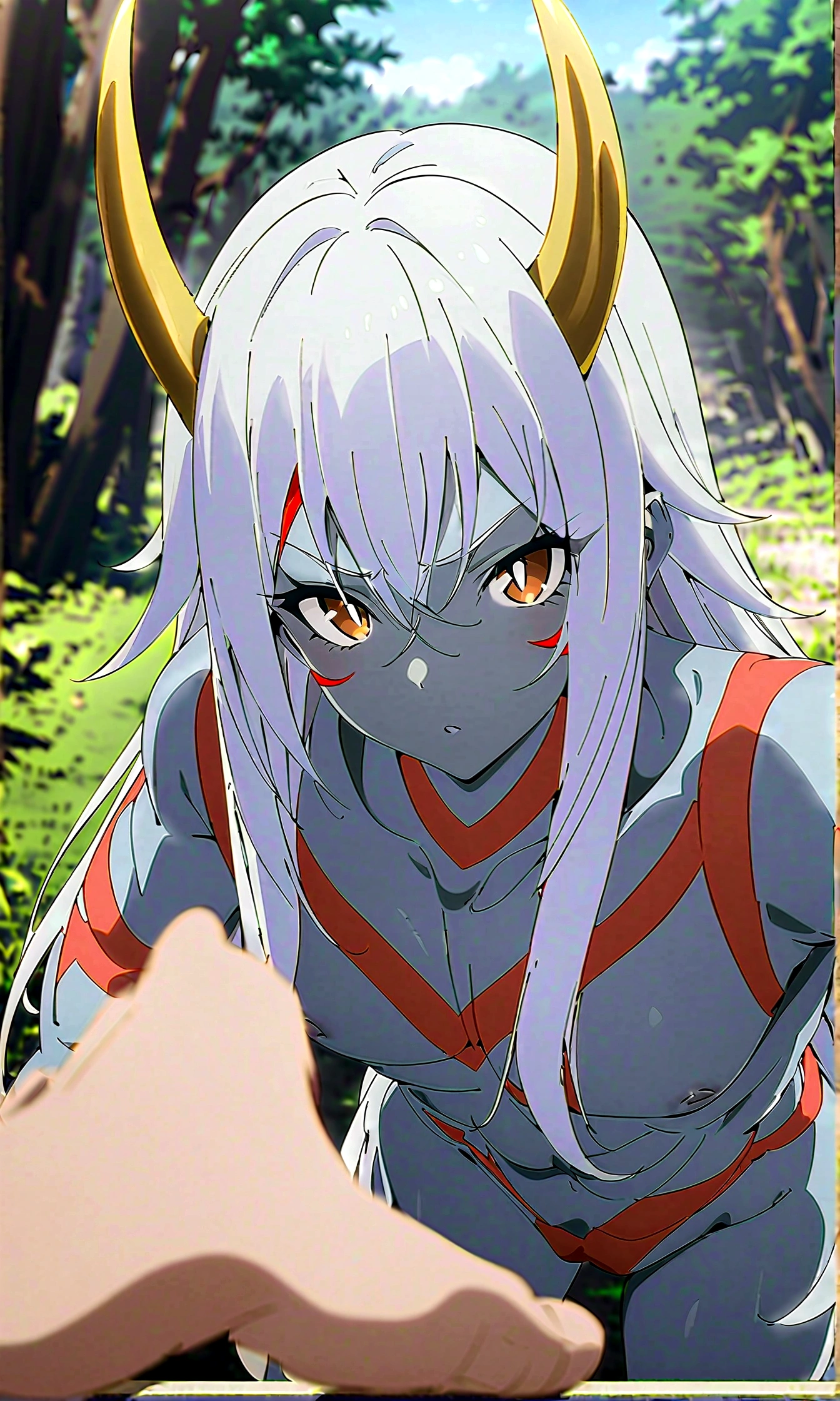 anime aestetic, anime character, grey skin, male ogre, red tatoos, agry eyes, golden horns, two horns, ogre, muscular body, dynamic pose, brown eyes, white long hair, blury forest on the background, daytime, perfect quality, pov, highres, best quality, award winning, 4K, high details, anatomically correct, masterpiece