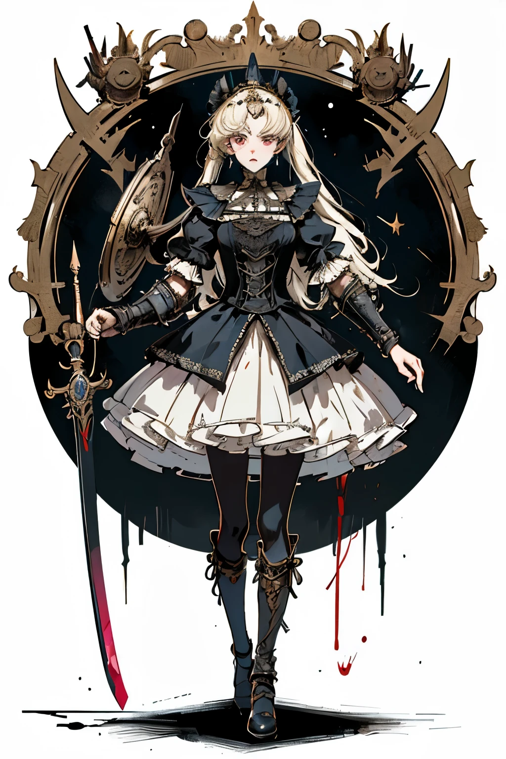 ((best quality)), ((masterpiece)), (detailed), perfect face ((best quality)), ((masterpiece)), (detailed), blank white background, plain background, white background, Bloodborne inspired,  occult aesthetic, occult, detailed and intricate steampunk and detailed gothic, (zentangle, mandala, tangle, entangle),  NSFW, torn clothing, Very dramatic and cinematic lighting, cosmic horror, grim-dark, side-lighting, perfect face, a beautiful goddess adorned and enshrined in armour, Bloodborne inspired , occult aesthetic , occult , detailed and intricate steampunk and detailed gothic , wielding a sword and holding a shield, NSFW, Fluttering lace flared short dress with frilly petticoats, knee length dress, pleated petticoats, lolita dress, petticoats gothic lolita, side-lighting, gothic lolita aesthetic, beautiful small breasts, small breasts, full body, whole body, body, plain background, white background, blank background, no background, white background NSFW, full body, whole body, head-to-toe