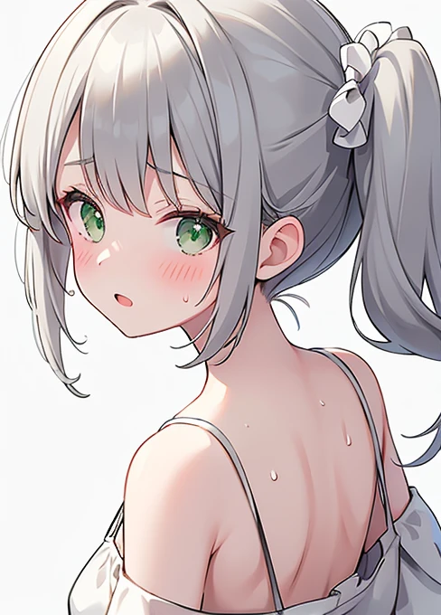 outfit-timeless dress, 1girl, grey hair, green  eyes,solo,side ponytail,milf, blush, looking at viewer, open mouth, bangs,
closed_mouth,sweat,
from,
masterpiece, best_quality, clear details,1girl, (from_behind) (looking_back),
white_background,simple_background 
