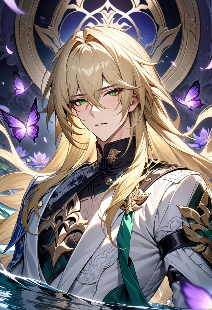 (absurdres, highres, ultra detailed, HDR), masterpiece, best quality, Luocha, long blonde hair, expressive green eyes, finely eye and detailed face, honkai star rail, solo, sexy man, handsome, white clothes, patterns, water, purple lotus, petals, purple butterflies