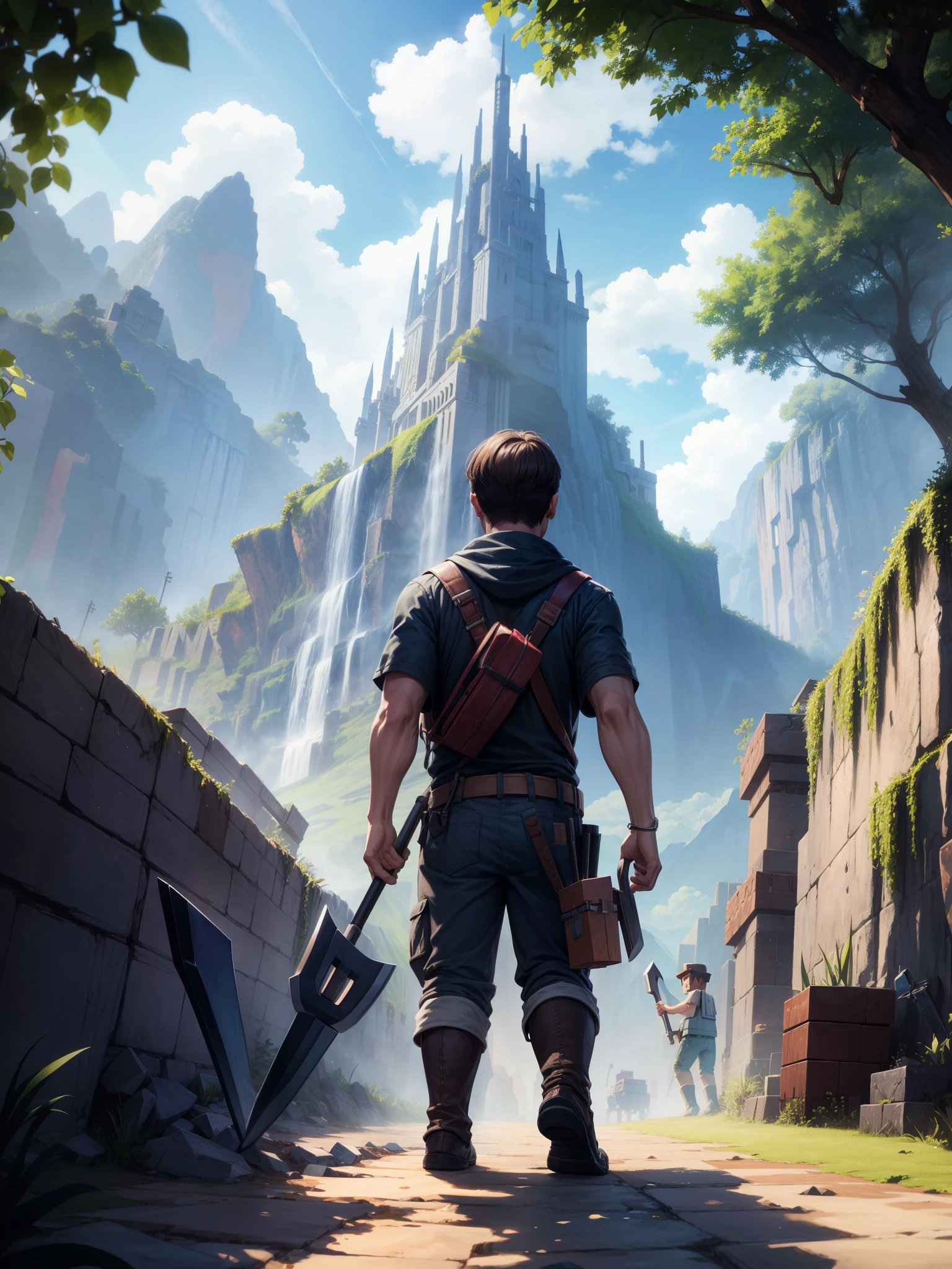 Steve、Mining in the Minecraft world、pickaxe。masterpiece、Amazing artwork、Unique images aidma-niji、niji 