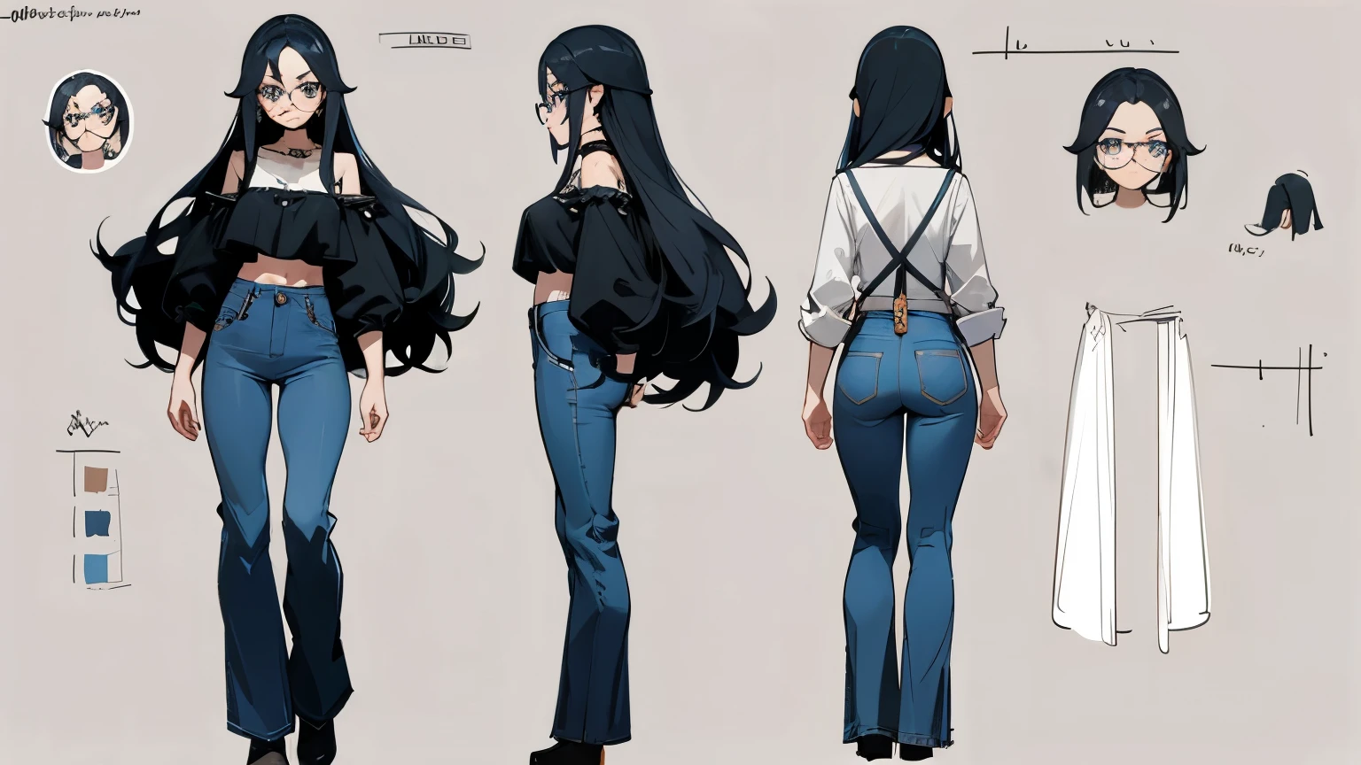 Sallow-skinned woman with long black hair wearing a choker, wearing jeans, blue eyes, glasses,three view drawing, front and back and side,Character sheet,full body