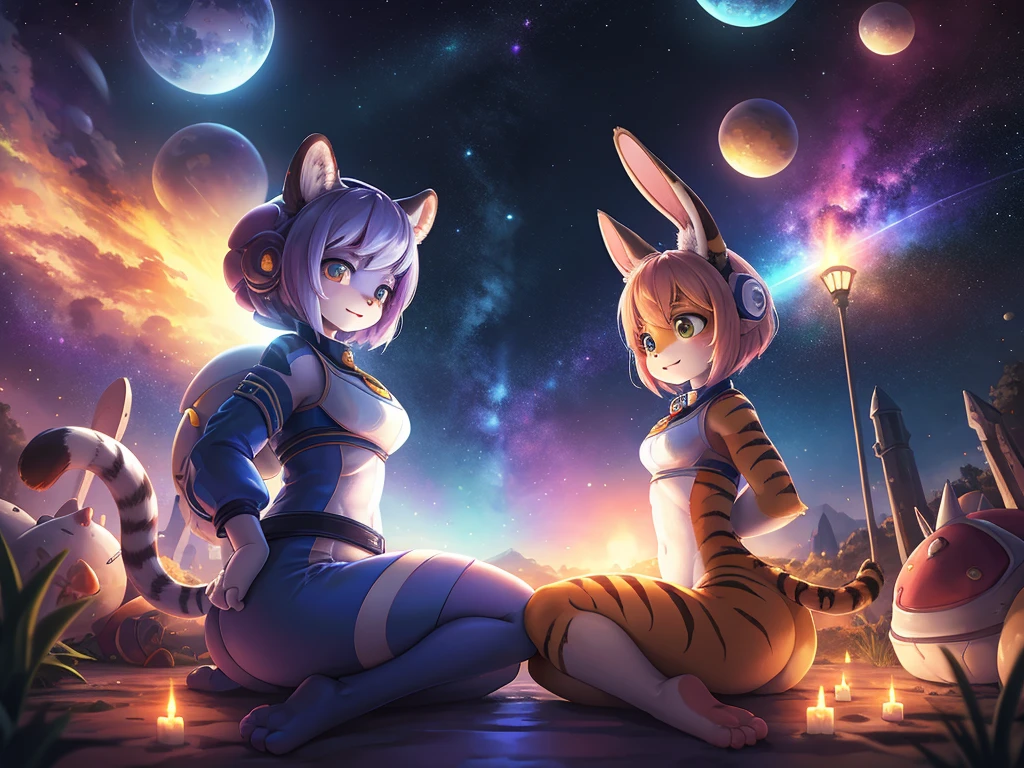2 girls, elf, cute face, long multicolored hair, extreme abs, cat ears, nude, naked, fashion, spreading legs, alien planet, flora and fauna, expedition, night time, stars and moons, magical, alternative fashion, waterfall, research, starlight, magical,