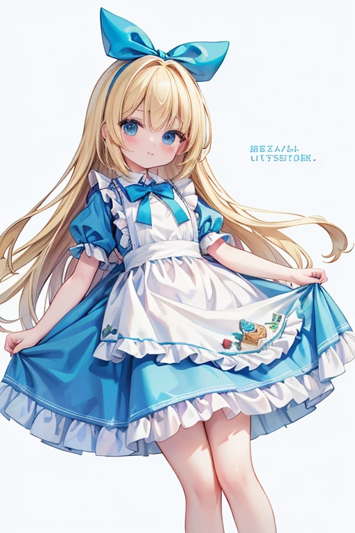 (Official Art、highest quality、unity 8k wallpaper、32k、masterpiece、Very detailed、超A high resolution)、Fantasy、((Alice in Wonderland))、1 female, 12 years old、blonde、Long Hair、Blue colored eyes、Blue Apron Dress、Trump&#39;soldier、rabbit with a clock、Red Rose、White Rose、Stand in front of the house、Angel