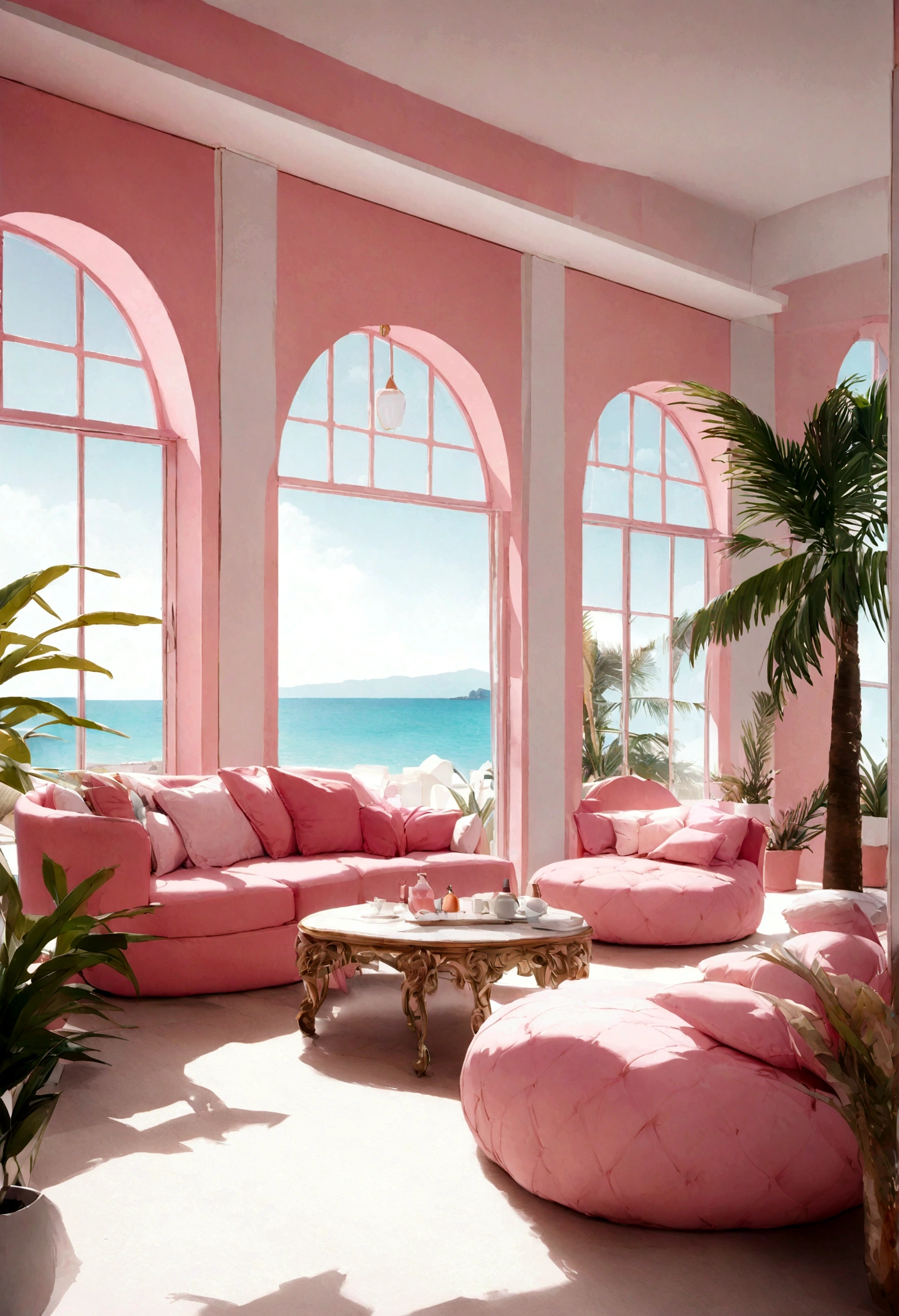 Pink modern living room with large arched windows overlooking the sea。There is a pink sofa and cushions.、Palm trees accent the decor。
